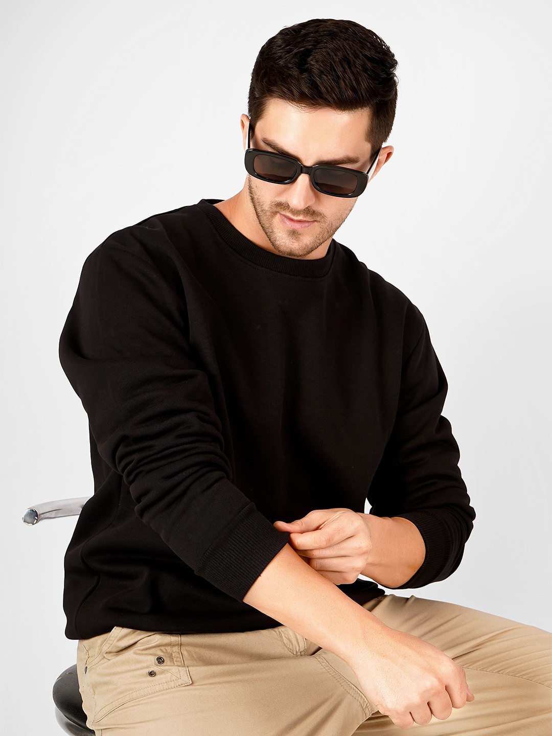 

MIMID Men Solid Round Neck Cotton Pullover Ribbed Sweatshirt, Black