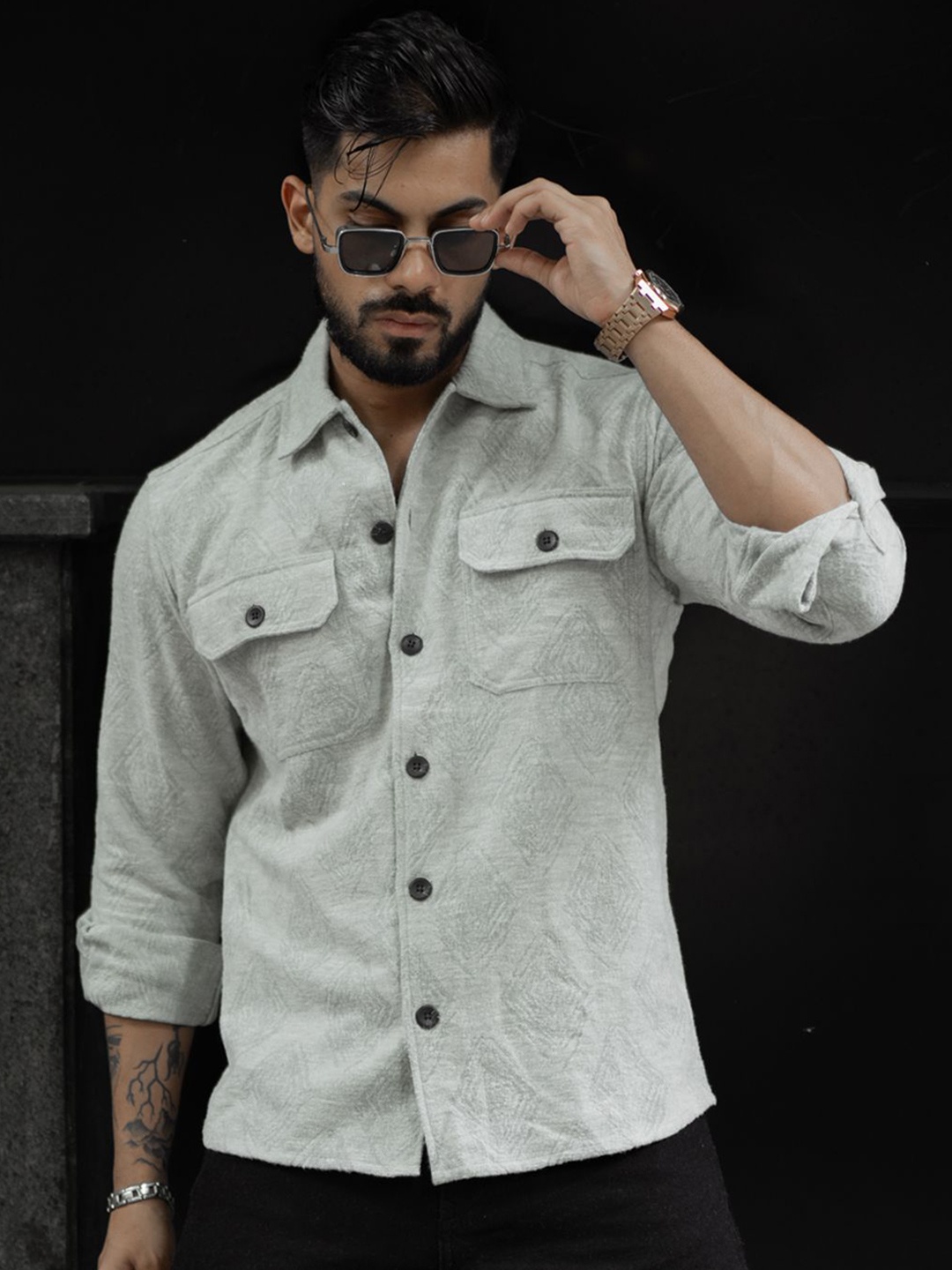

Powerlook Men Spread Collar Solid Cotton Casual Shirt, Grey