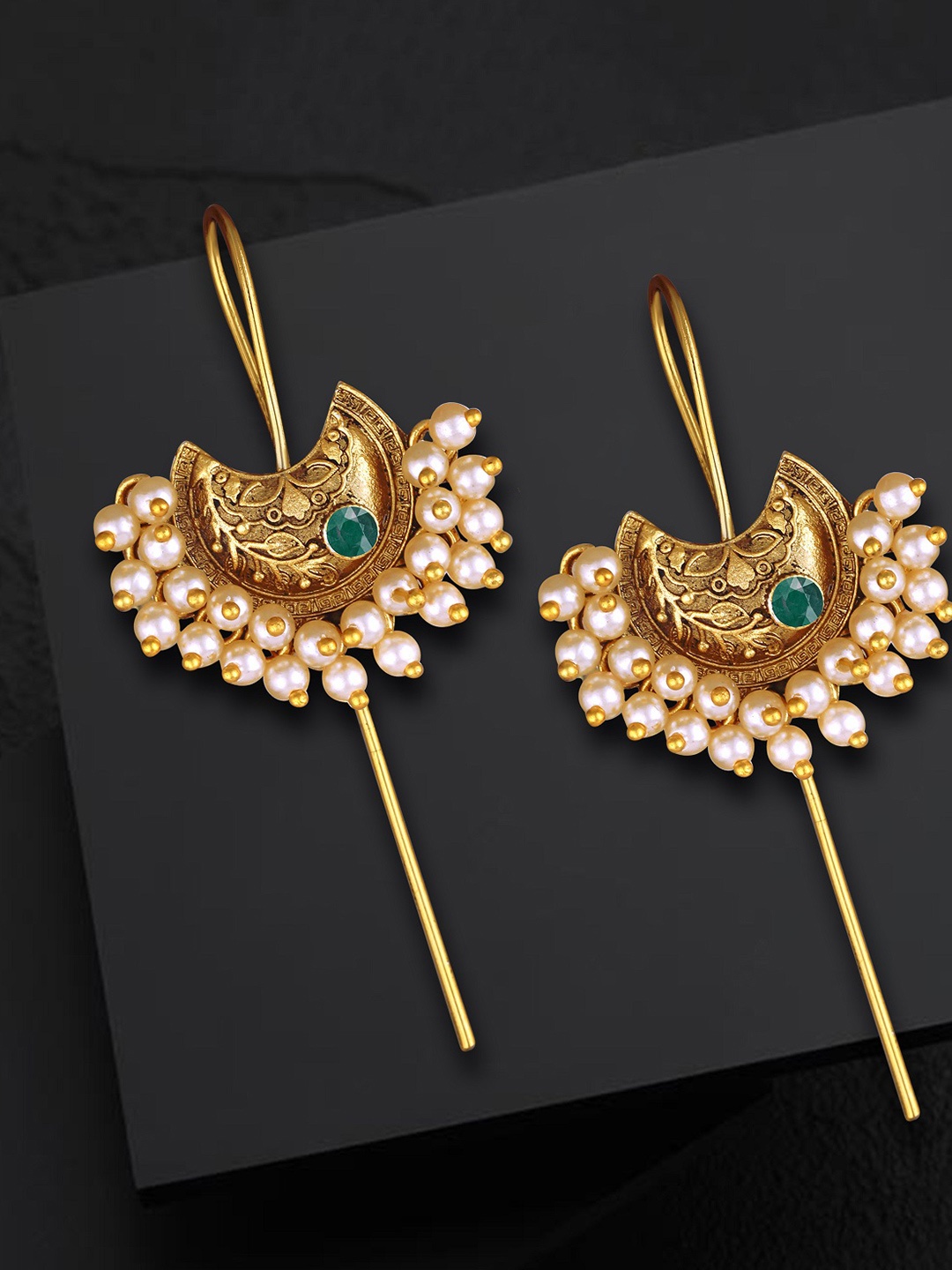 

Vighnaharta Gold-Plated Pearls Studded Floral Chandelier Ear Cuff Earrings, Green