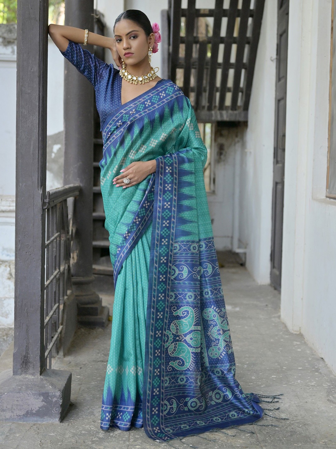 

AWRIYA Woven Design Zari Pure Silk Bhagalpuri Saree, Teal