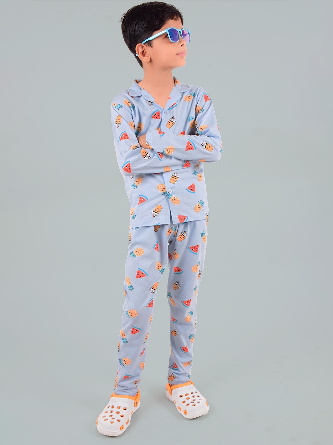

ROW STARS Boys Printed Shirt Collar Neck Long Sleeves Shirt With Trouser, Blue