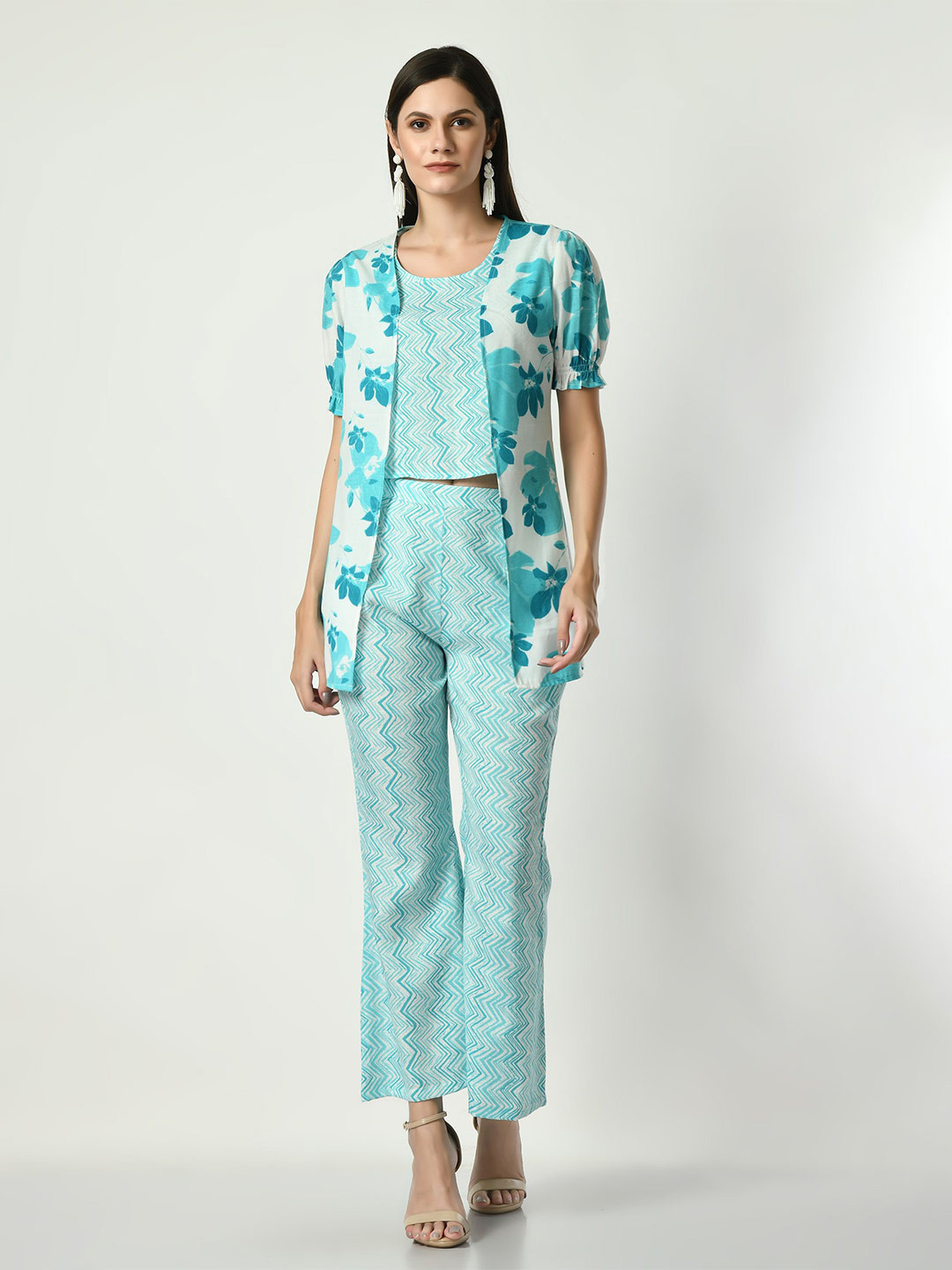 

VAPPSYAM Printed Top With Trouser & Jacket Co-Ords, Blue