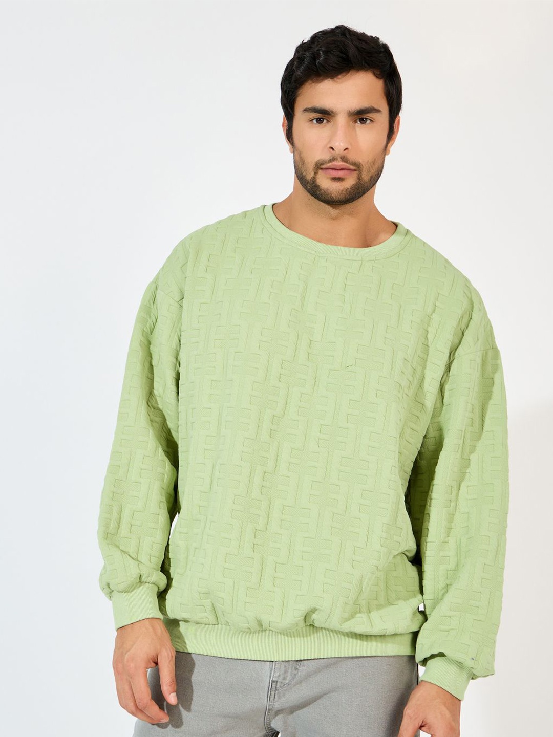 

Styli Men Self Design Round Neck Cotton Pullover Ribbed Sweatshirt, Green