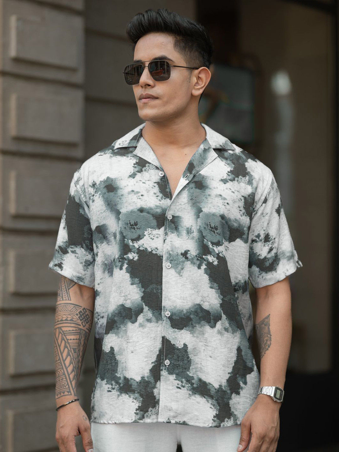 

Powerlook Men Cuban Collar Dyed Casual Shirt, Grey