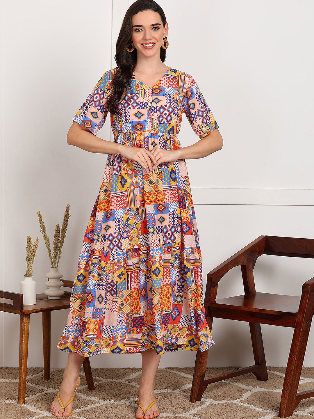 

Fashfun Women Ethnic Motifs Printed Fit and Flare Dress, Blue