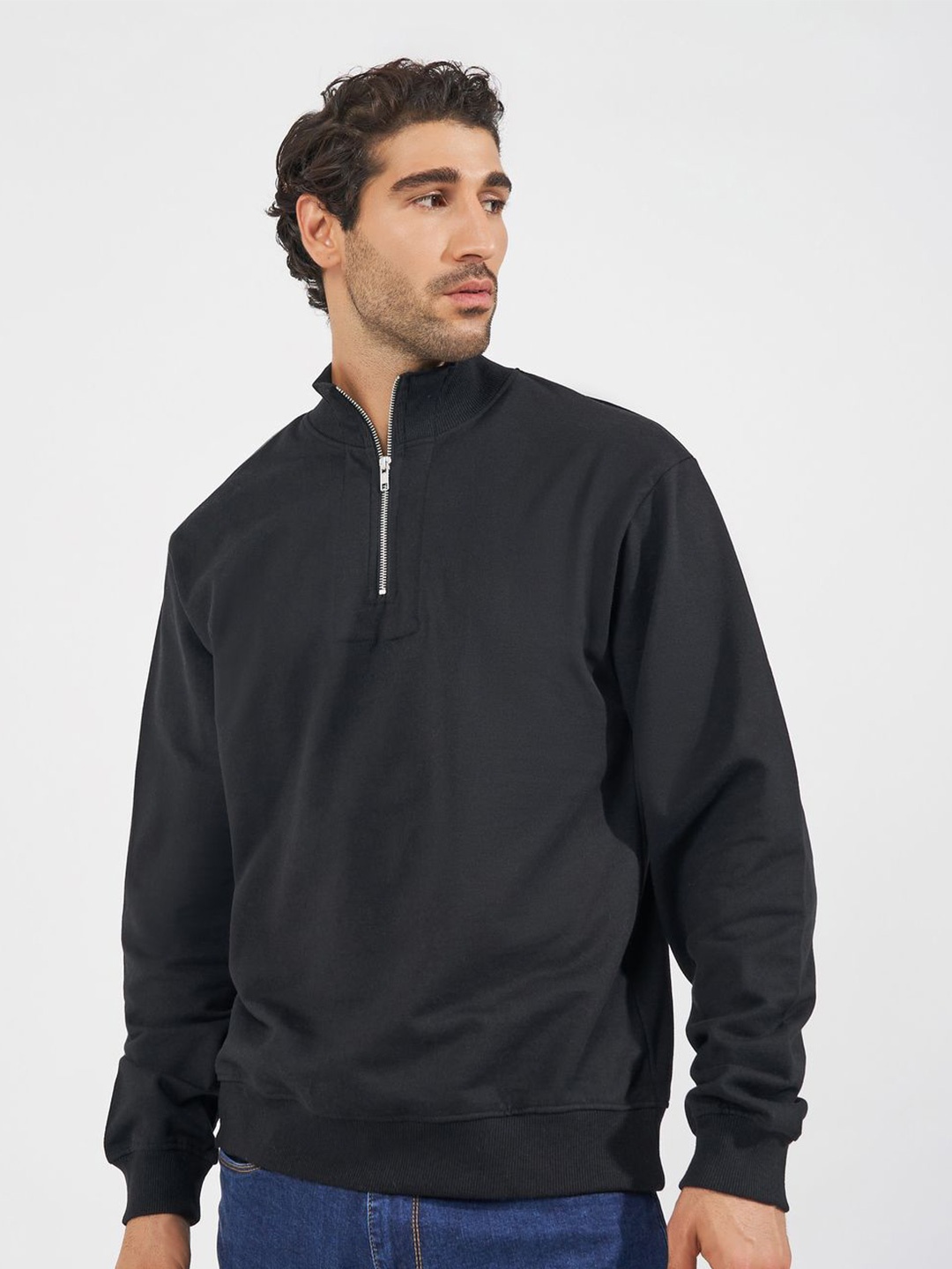 

Styli Men Solid Mock Collar Cotton Pullover Ribbed Sweatshirt, Black