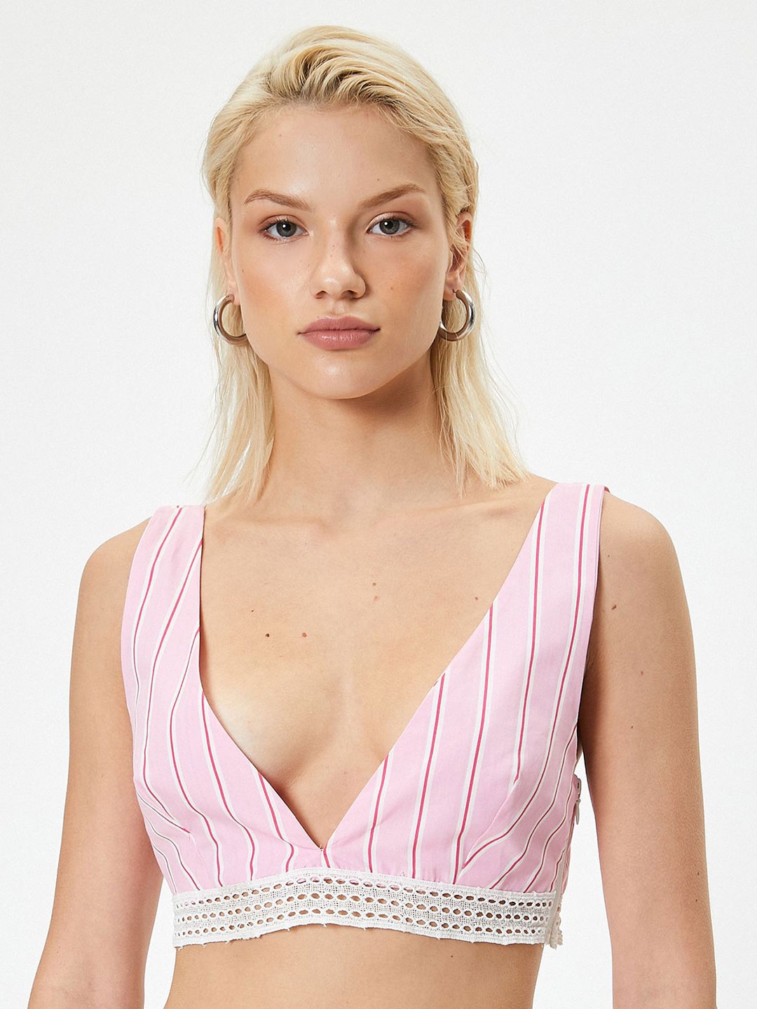 

Koton Striped Cotton V-Neck Bralette Crop Top, Pink