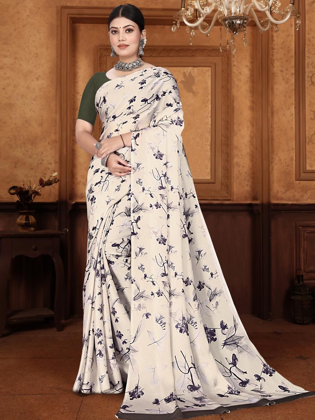 

Mitera Floral Printed Satin Saree, Cream
