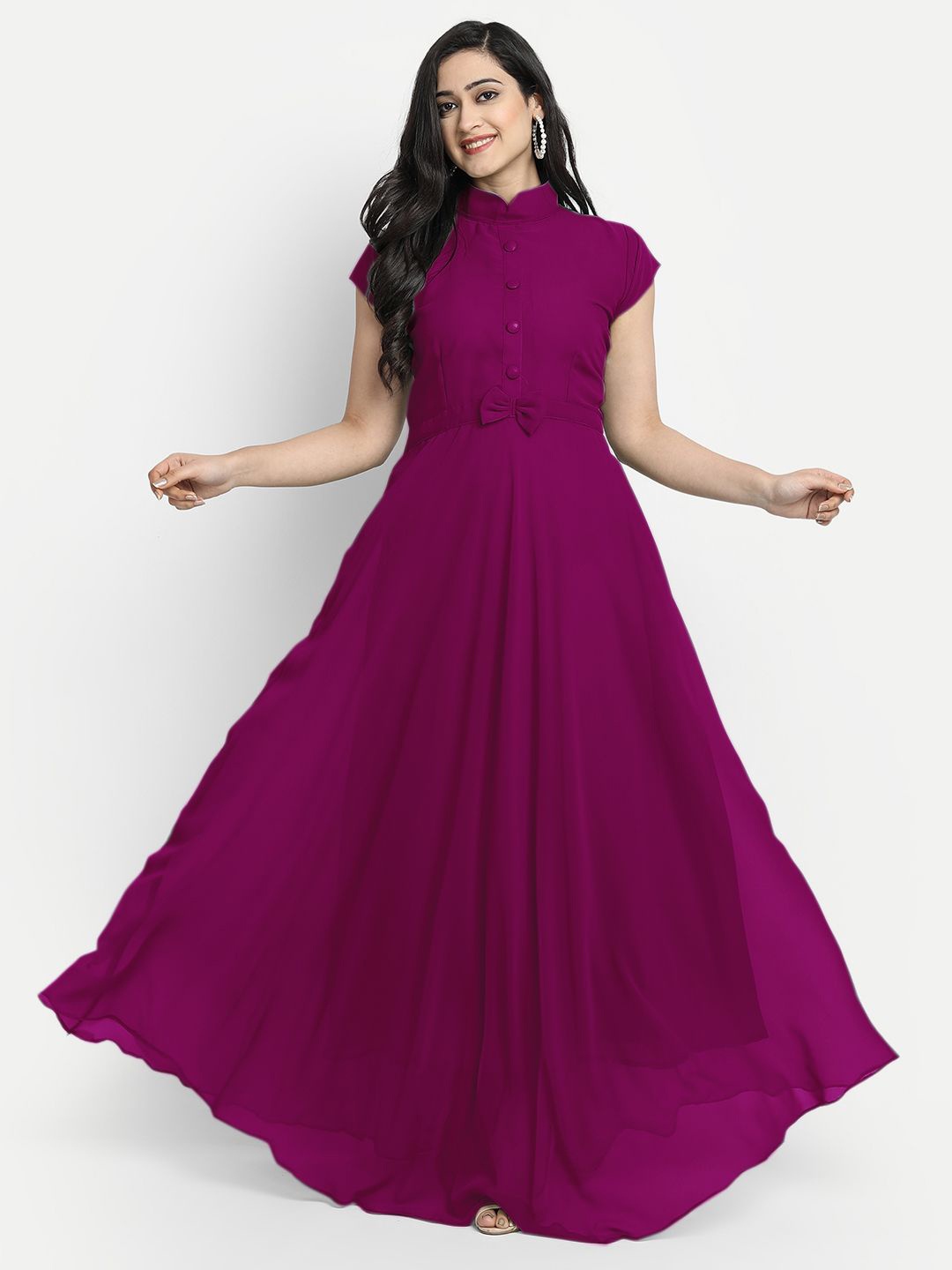 

Raiyani Enterprise Women Georgette Fit & Flare Maxi Dress Bow Detail, Magenta