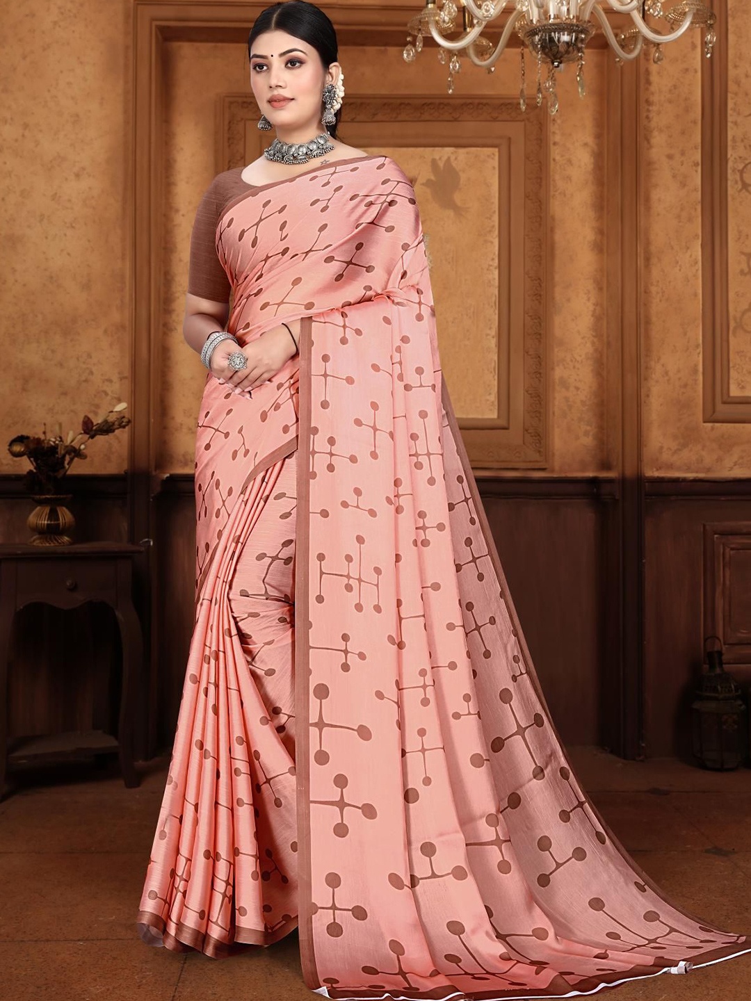 

Mitera Printed Satin Saree, Peach