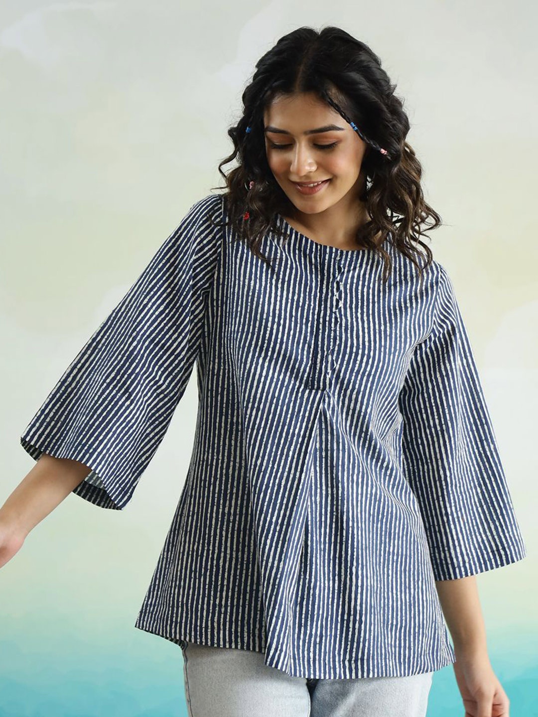 

SANSKRUTIHOMES Striped Pure Cotton Top, Blue