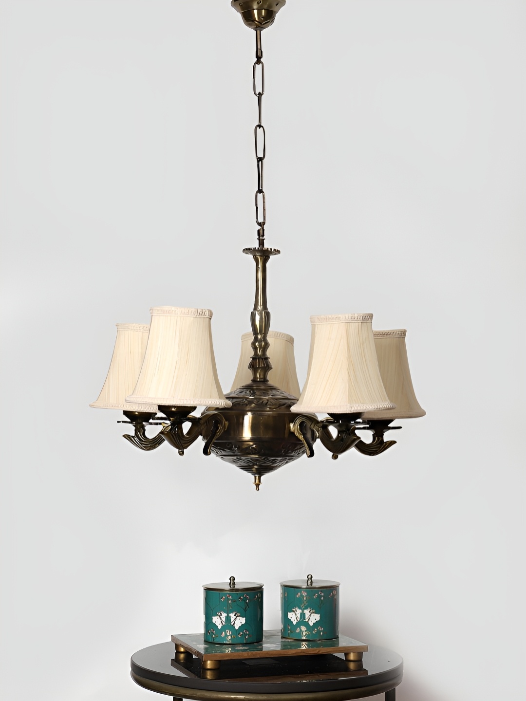 

Devansh Off White Round cotton shade with Antique Golden Chandelier Metal Ceiling Lamp