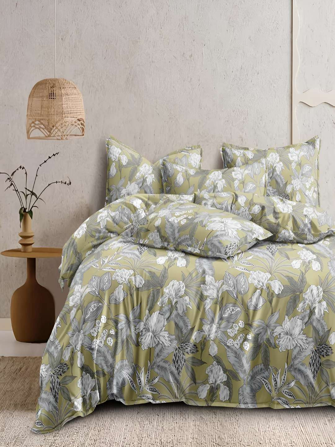 

tundwal's Green & White Printed Cotton Double Bed Duvet Cover With Zipper, Grey melange