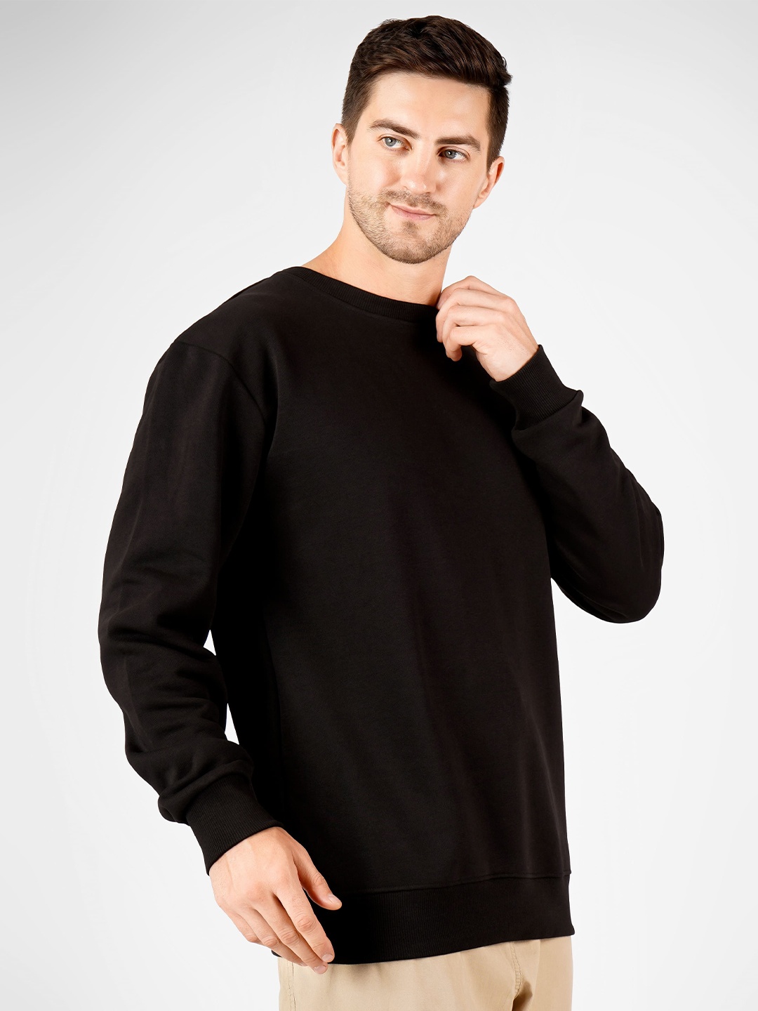 

MIMID Men Solid Round Neck Cotton Pullover Ribbed Sweatshirt, Black