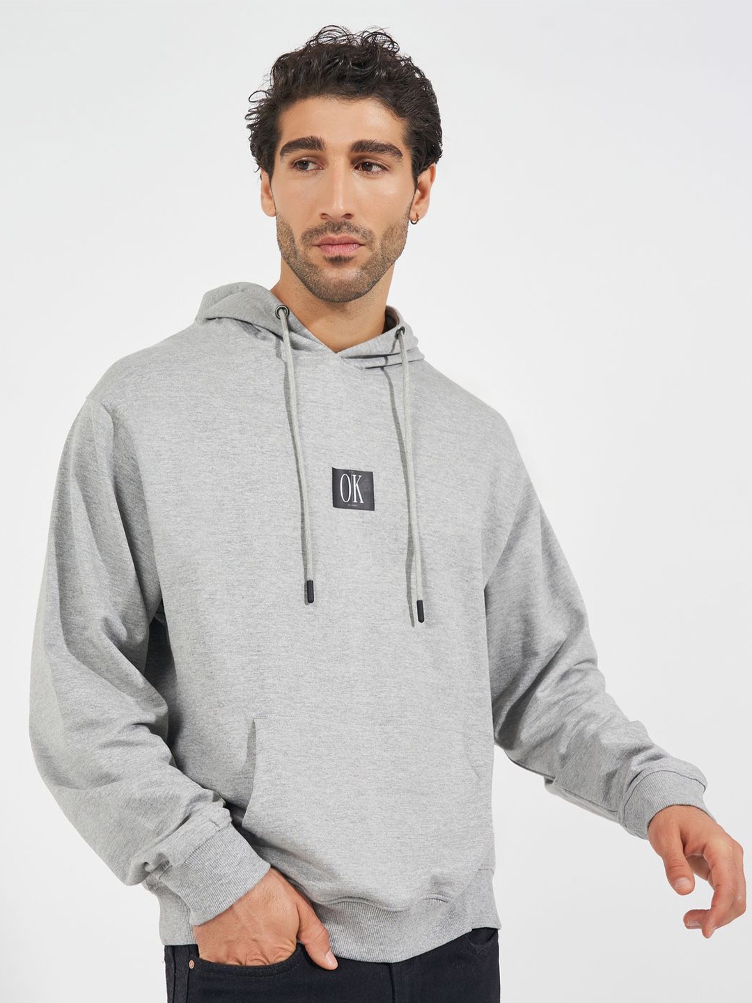 

Styli Men Typography Printed Hood Cotton Pullover Ribbed Sweatshirt, Grey