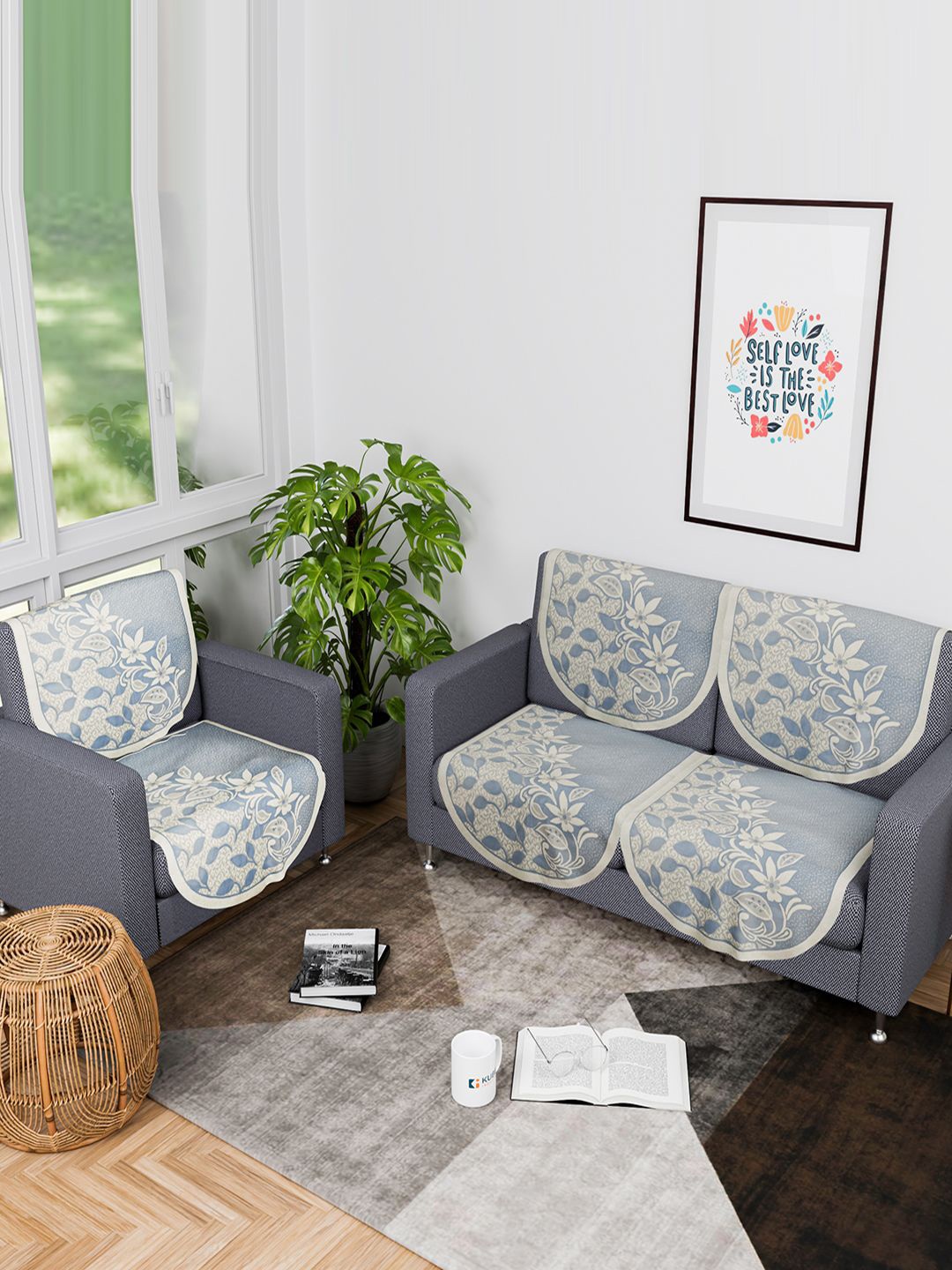 

Kuber Industries Blue & Beige 6 Pieces 3 Seater Printed Cotton Sofa Cover