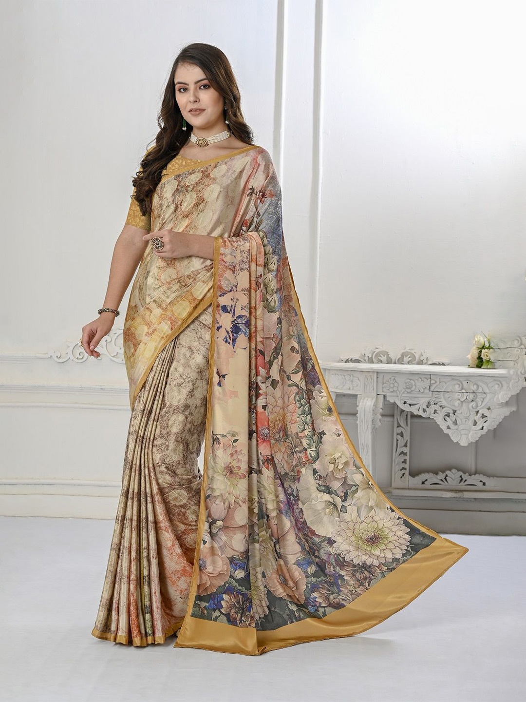 

JIVORA Floral Printed Mysore Silk Saree, Yellow