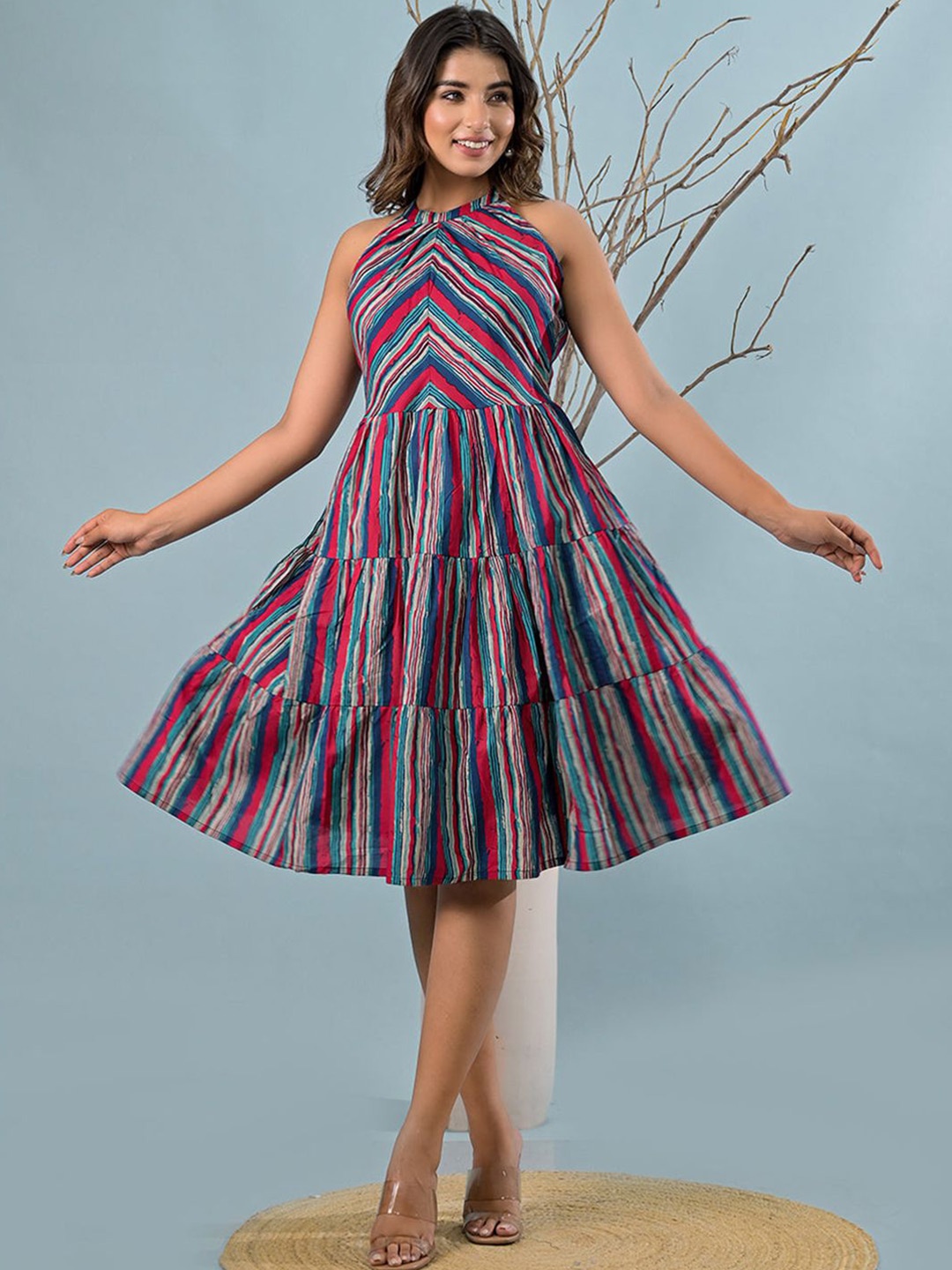 

ARAVALII Graphic Printed Halter Neck Fit & Flare Dress, Pink