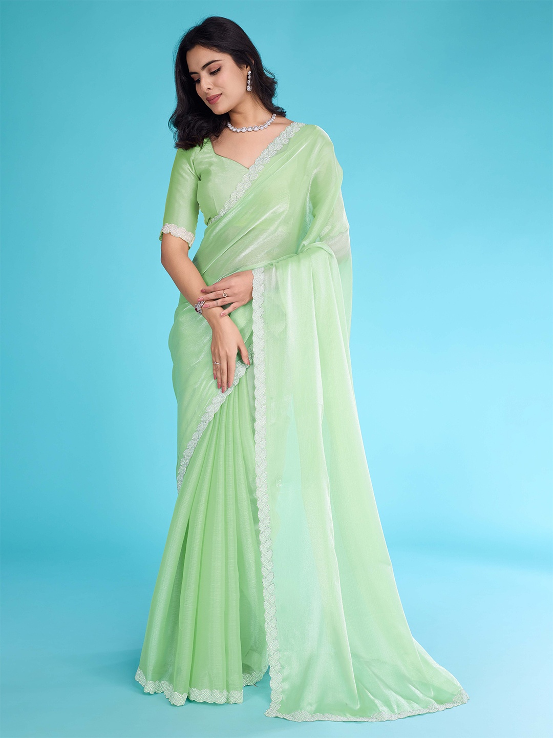 

KIMISHA Embellished Beads and Stones Organza Saree, Green