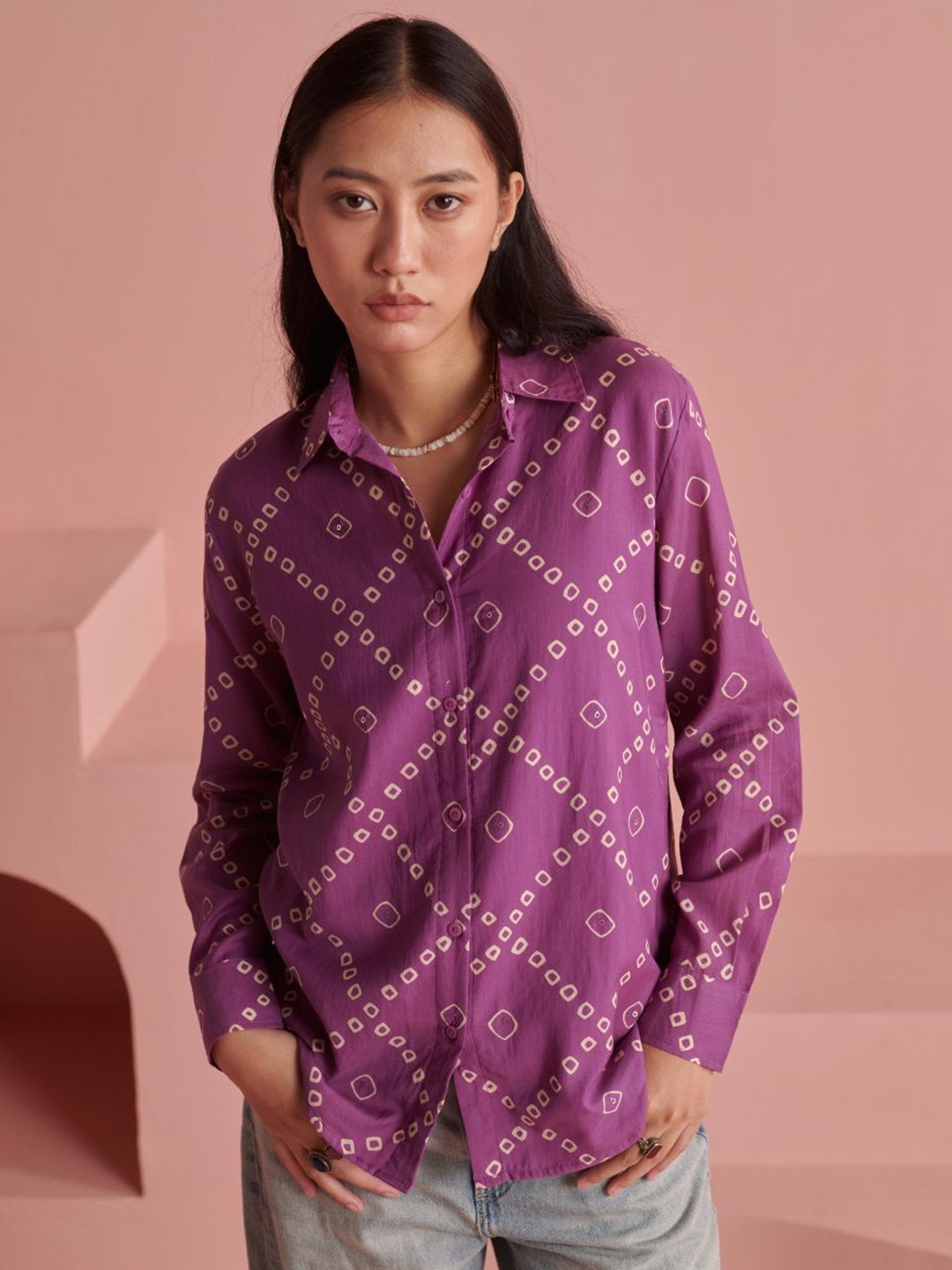 

Prakriti Jaipur Women Spread Collar Geometric Printed Cotton Casual Shirt, Purple