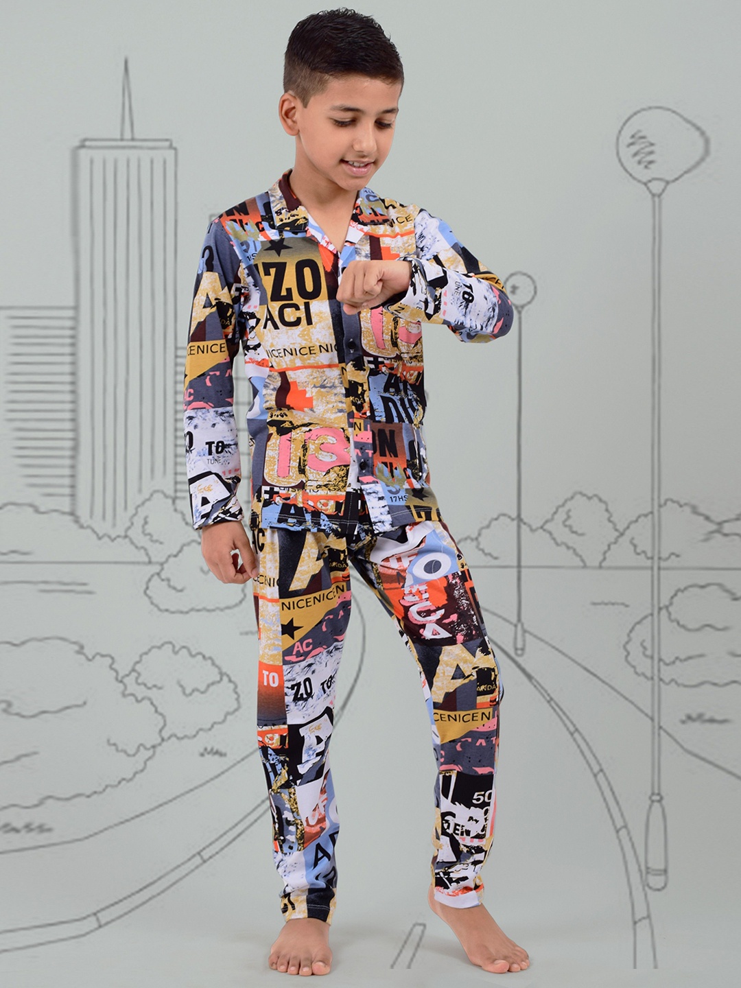 

ROW STARS Boys Printed Lapel Collar Long Sleeves Night suit, Black