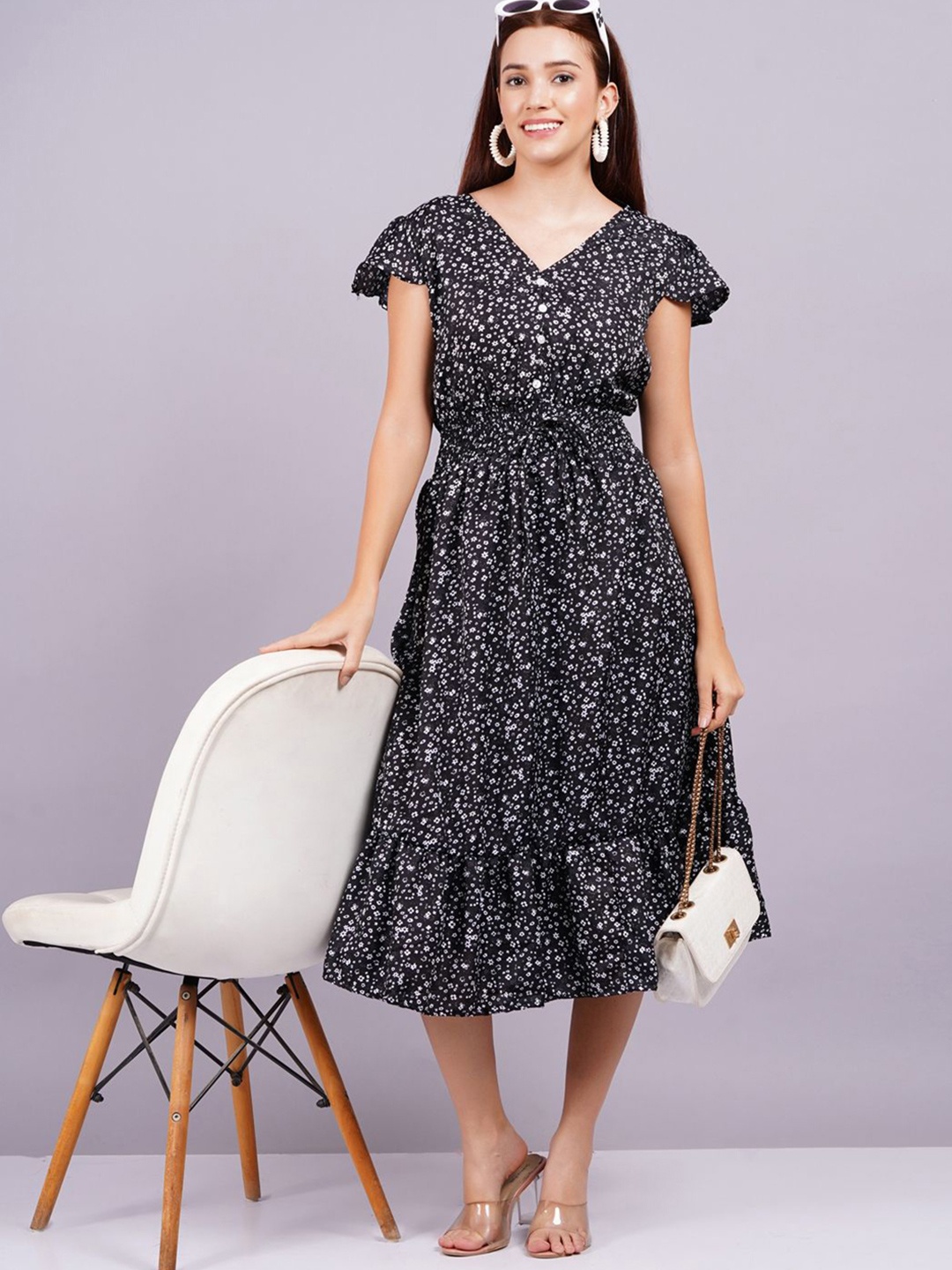 

JC4U womens Floral Print Crepe Fit & Flare Midi Dress, Black