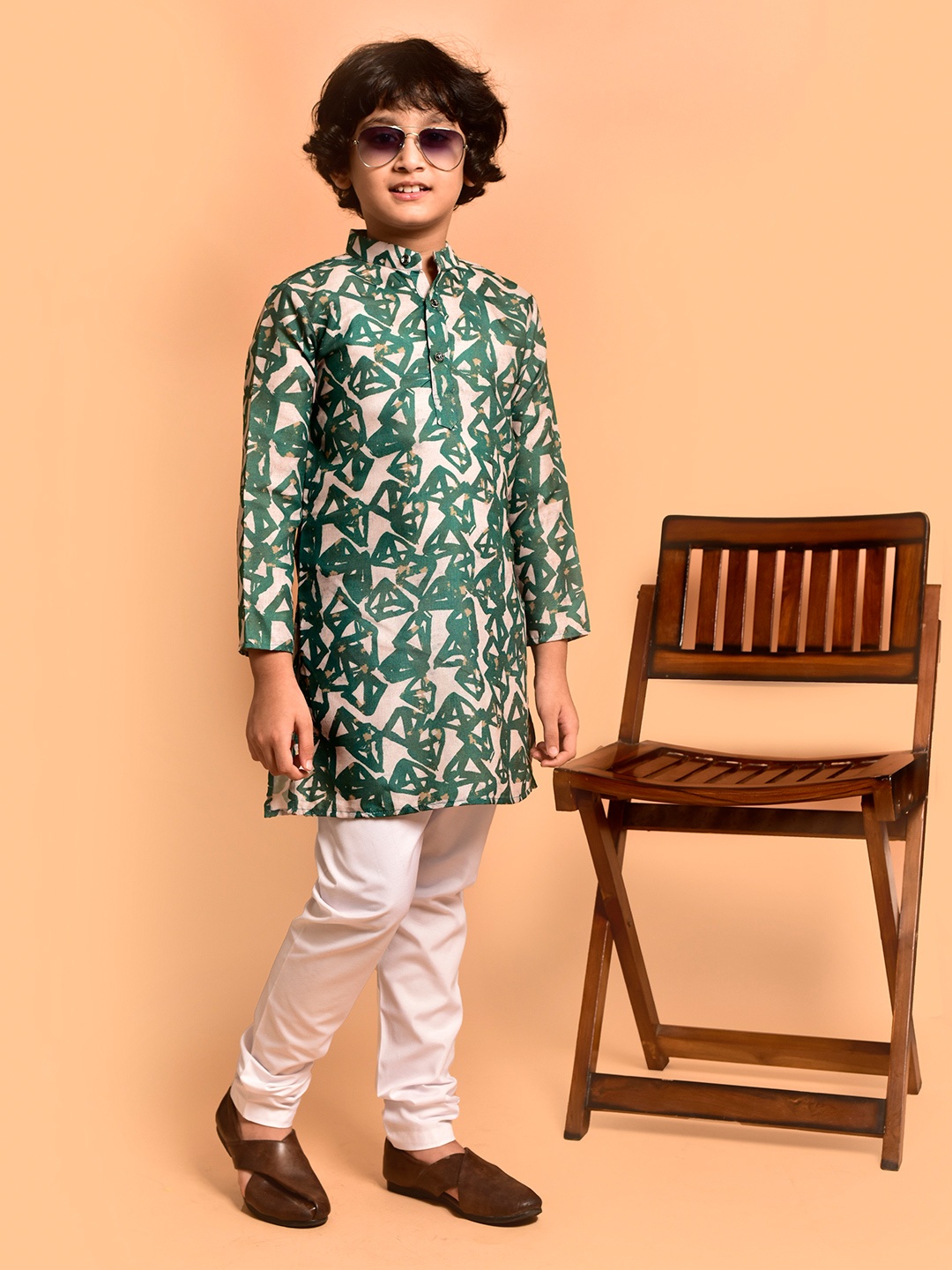 

PRINTCULTR Boys Geometric Printed Mandarin Collar Regular Straight Kurta with Churidar, Cream