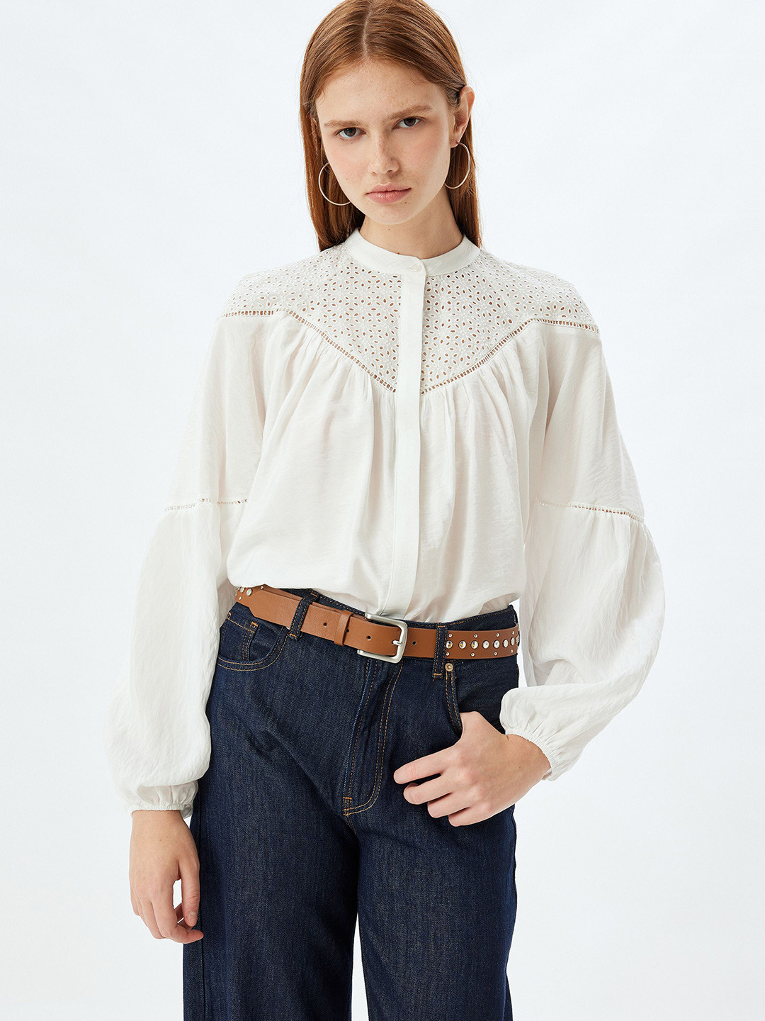 

Koton Women Band Collar Solid Oversized Casual Shirt, White