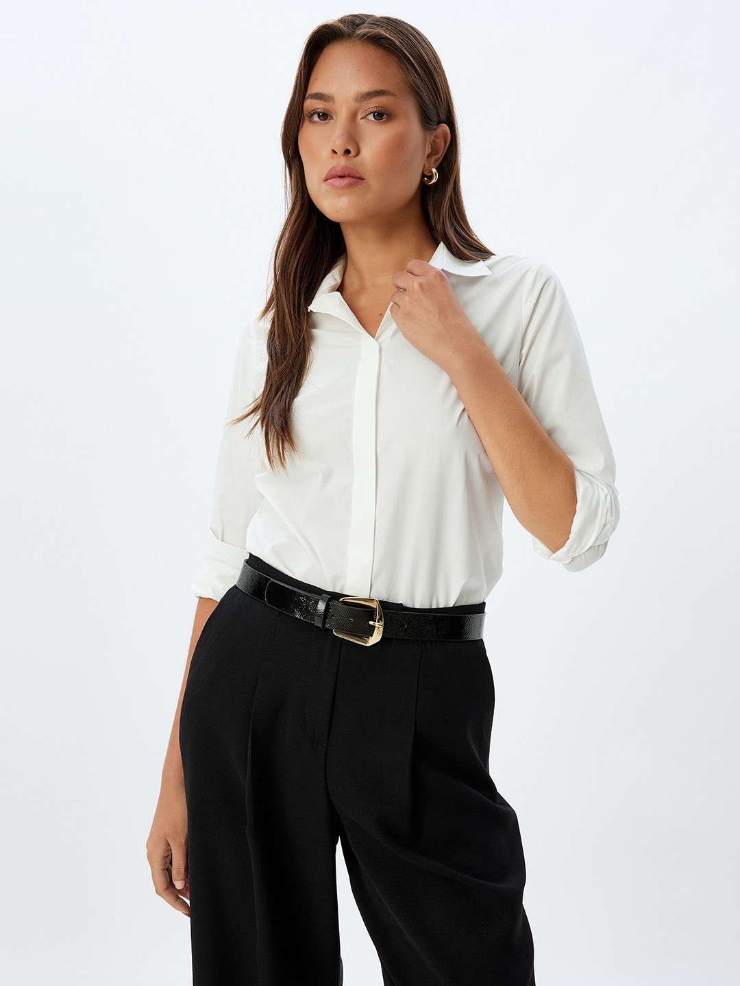 

Koton Women Spread Collar Solid Cotton Casual Shirt, White