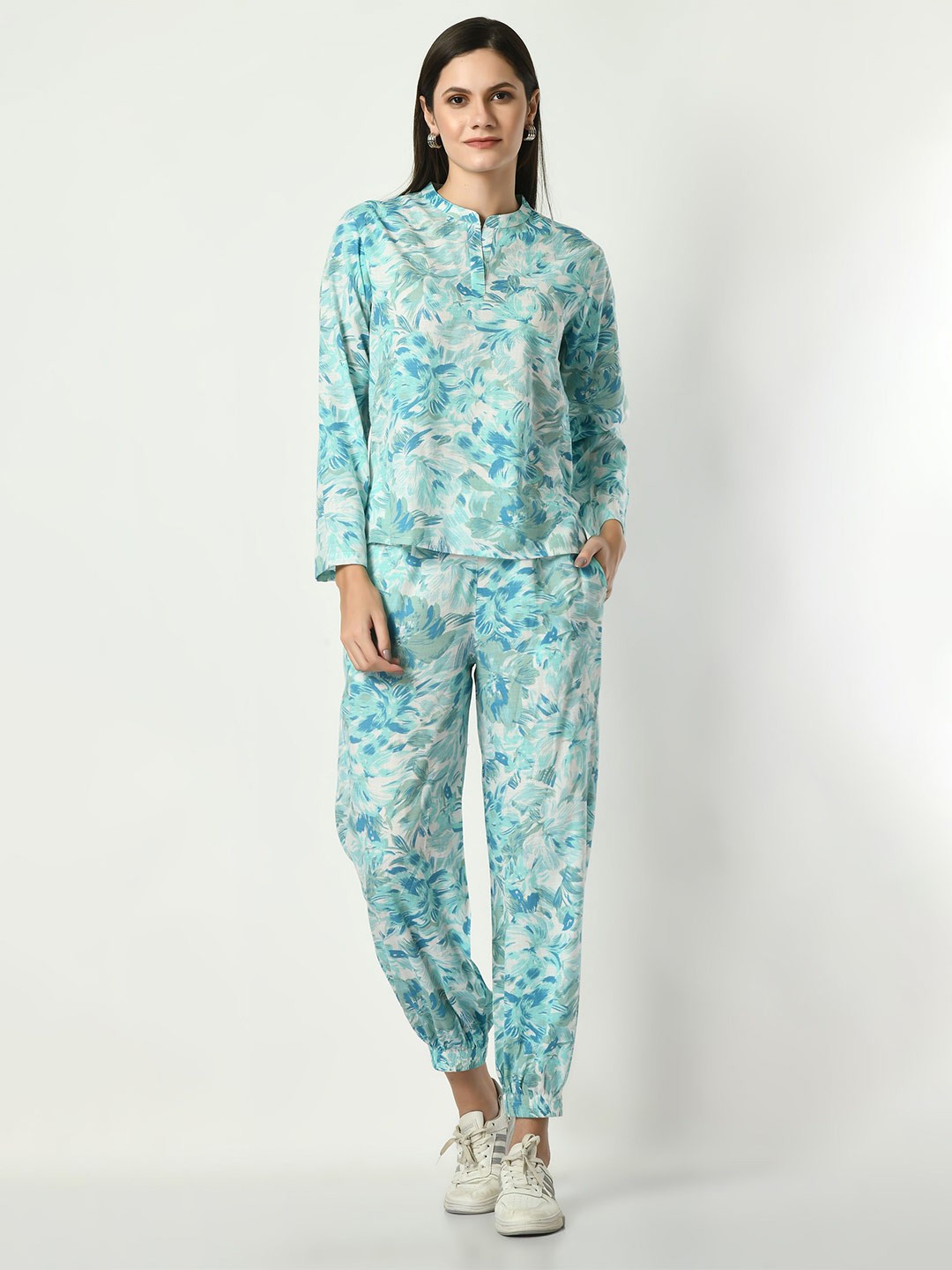 

VAPPSYAM Printed Pure Cotton Top With Joggers Co-Ords, Blue