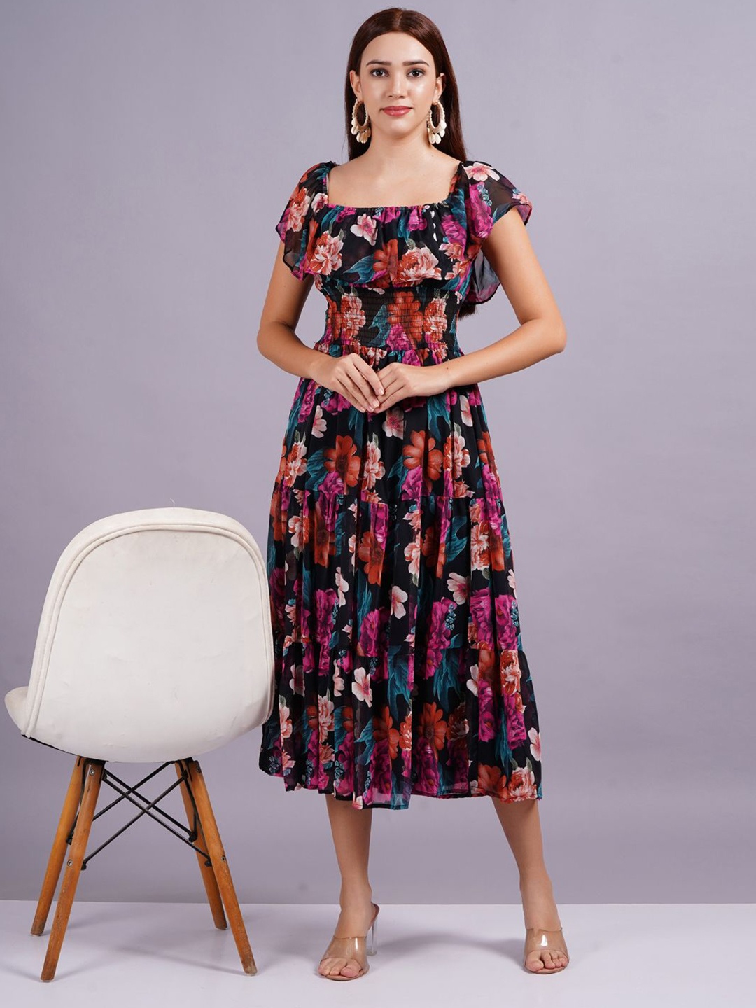 

JC4U Floral Print Flutter Sleeve Georgette Fit & Flare Midi Dress, Black