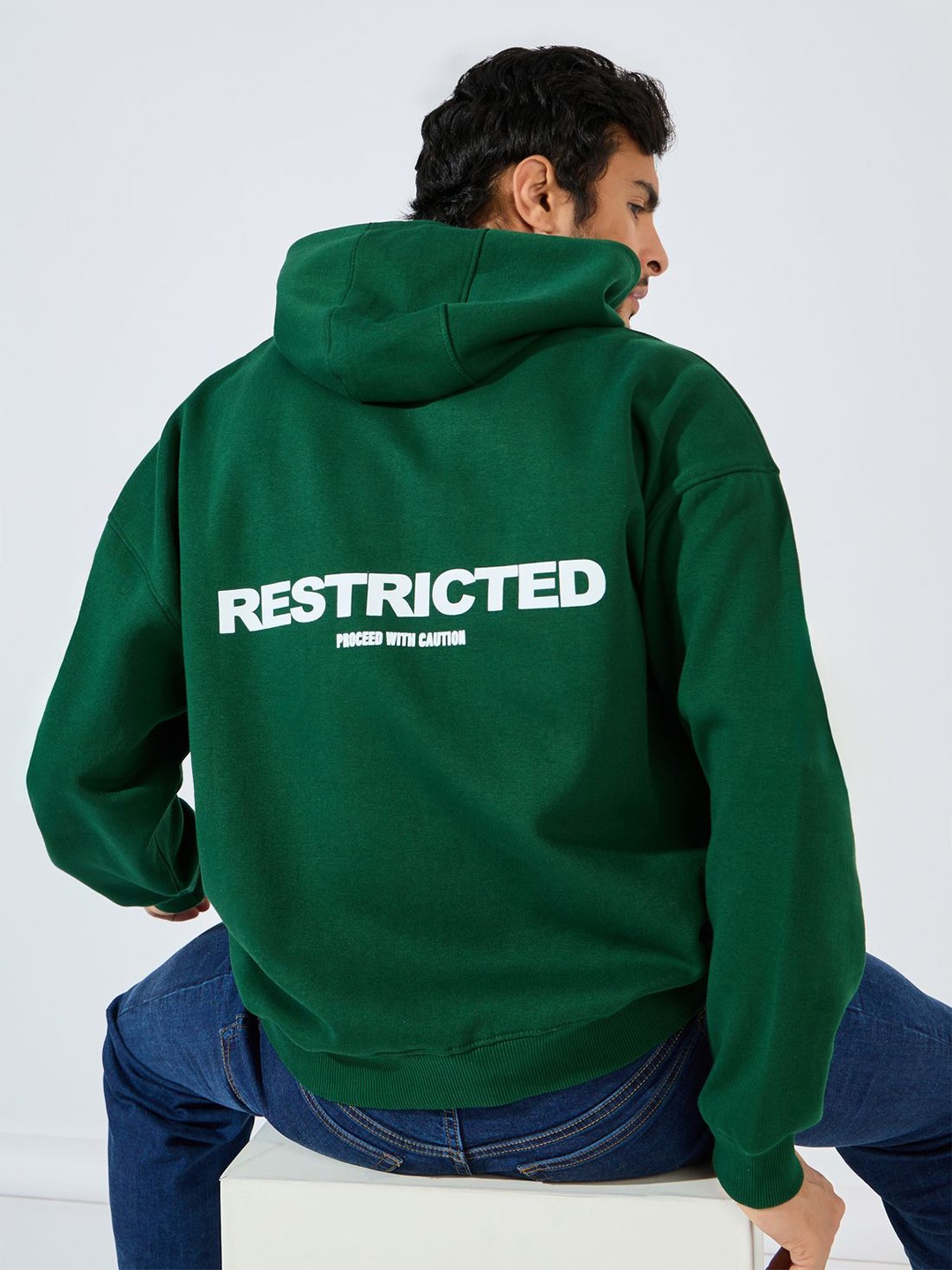 

Styli Men Typography Printed Hood Cotton Pullover Ribbed Sweatshirt, Green