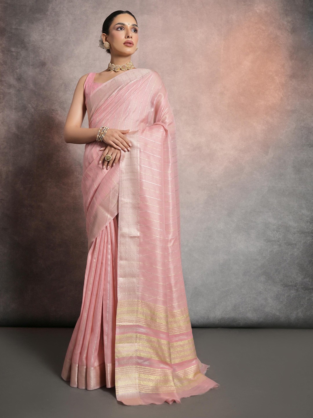 

AWRIYA Striped Zari Pure Silk Saree, Pink