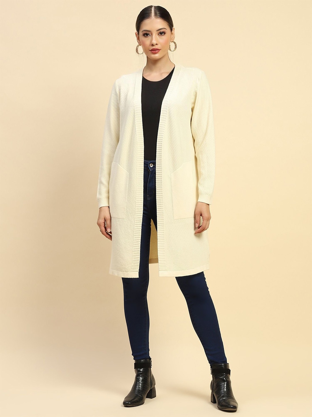 

Global Republic Self Design Open Front Longline Shrug, Off white