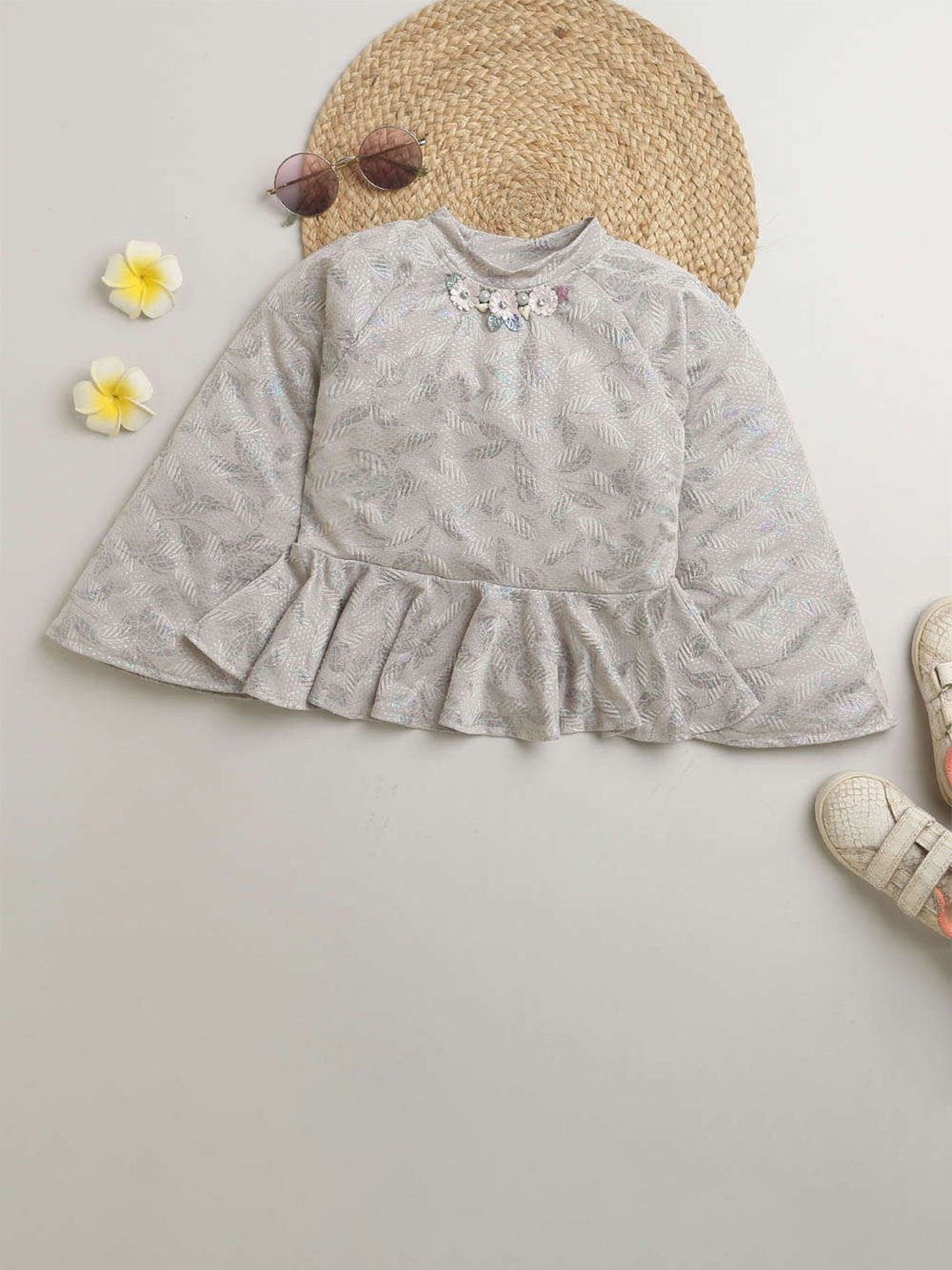 

Tiny Girl Floral Printed Round Neck Top, Grey