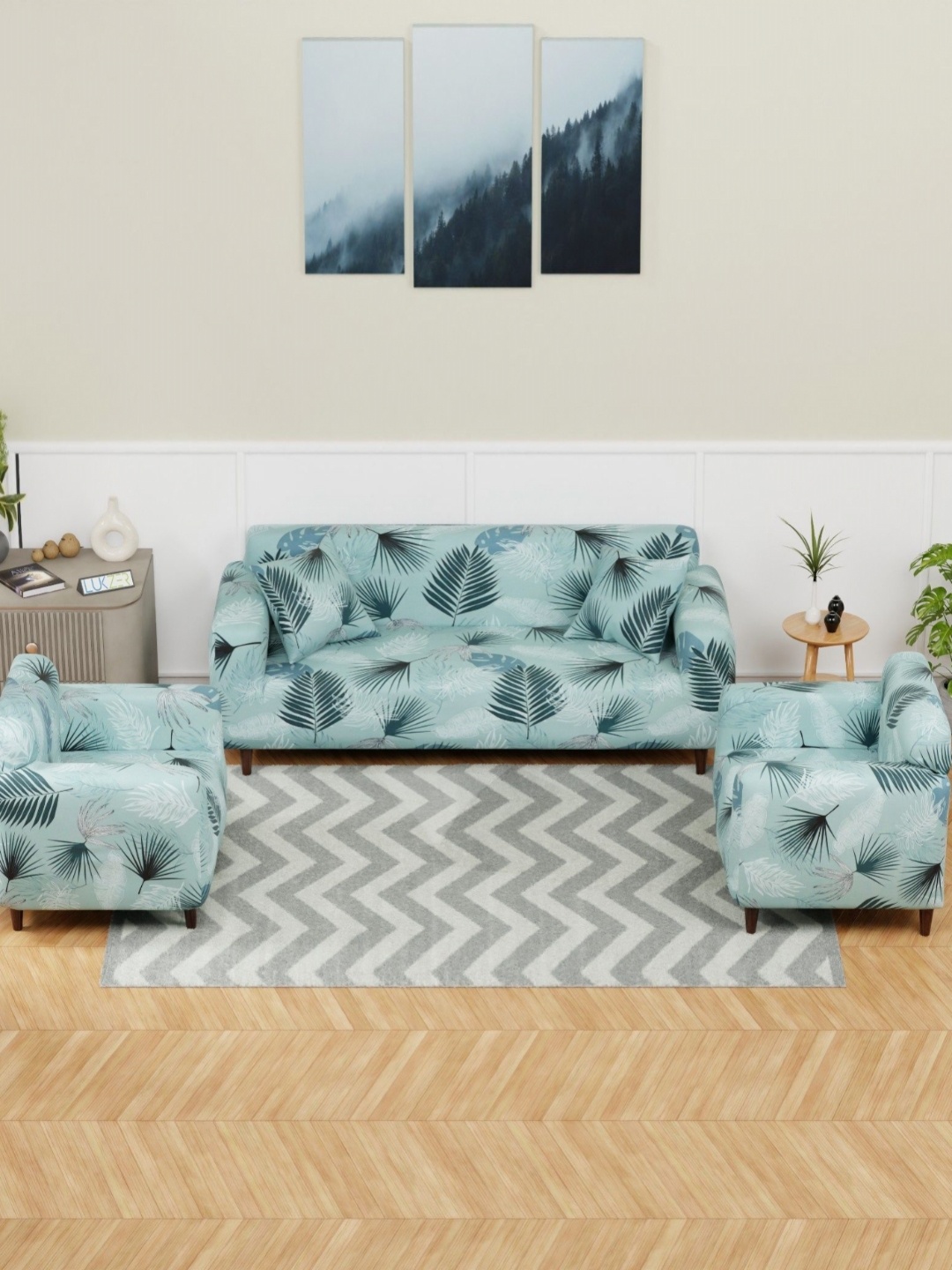 

Lukzer Blue Printed Polyester 5 Piece Sofa Cover With Cushion Covers