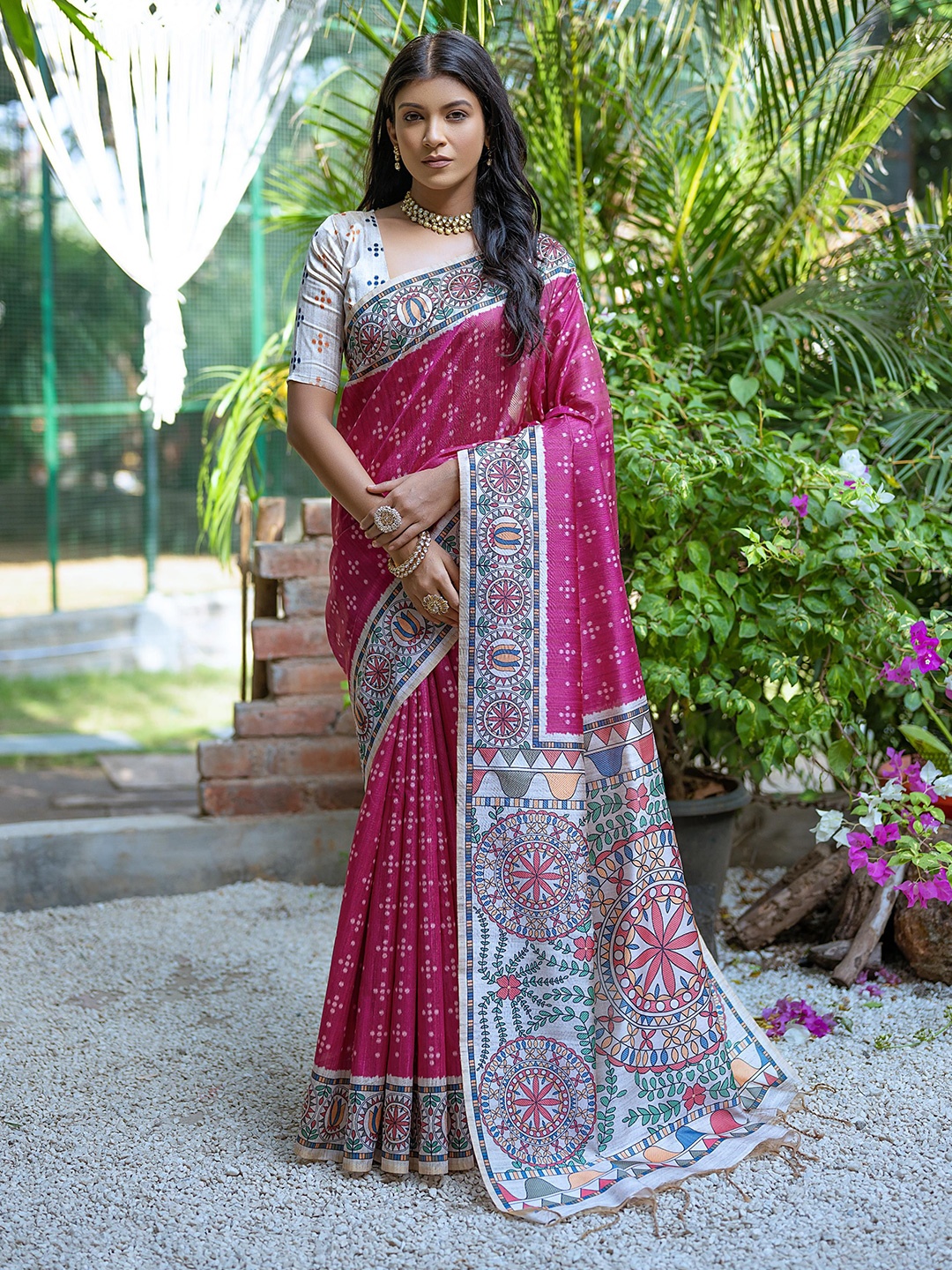 

AWRIYA Zari Pure Silk Bhagalpuri Saree, Pink