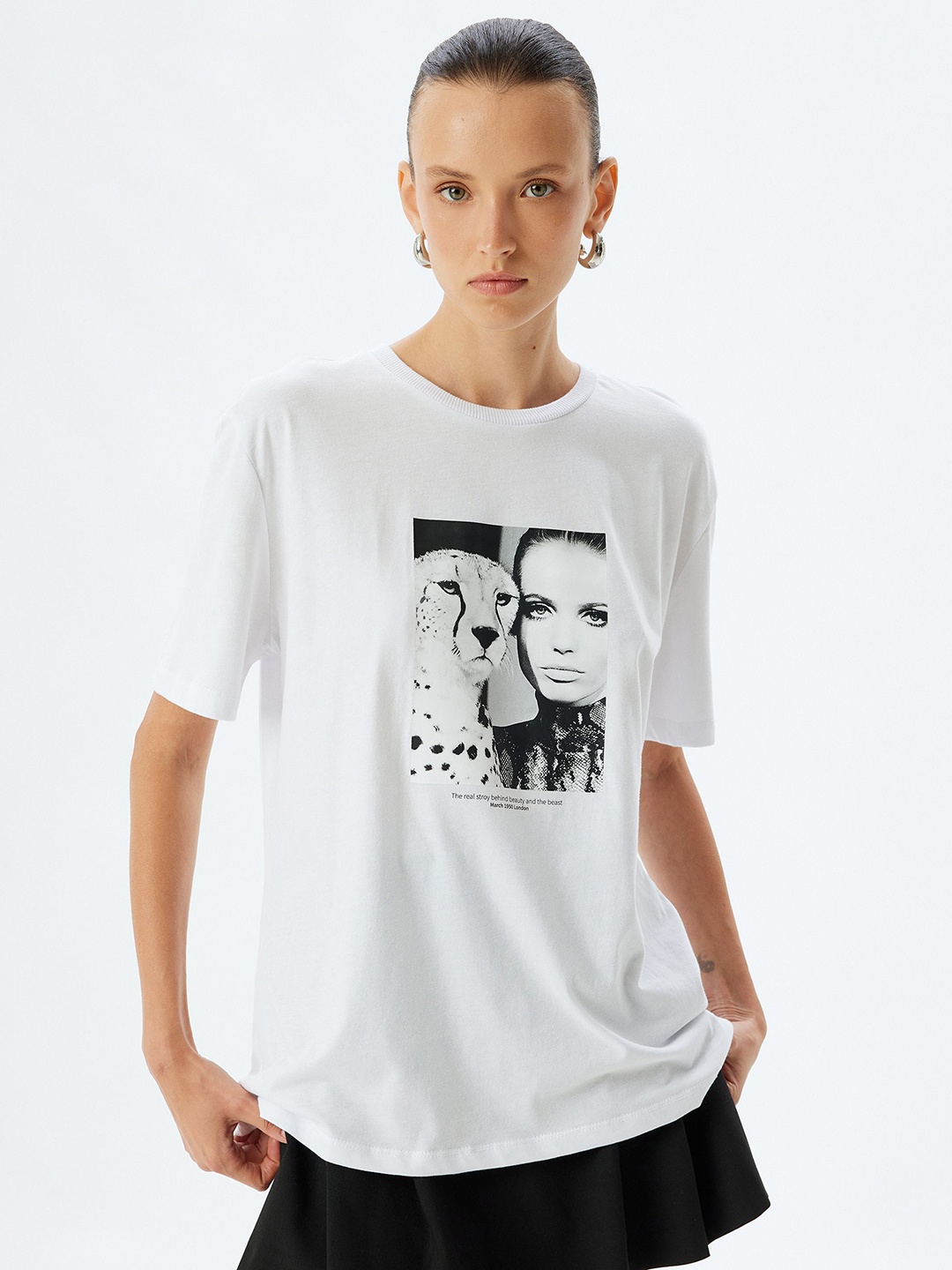 

Koton Women Graphic Printed Round Neck Cotton T-shirt, White
