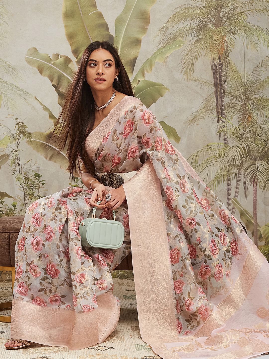 

RACHNA Floral Printed Zari Woven Design Banarasi Saree, Pink