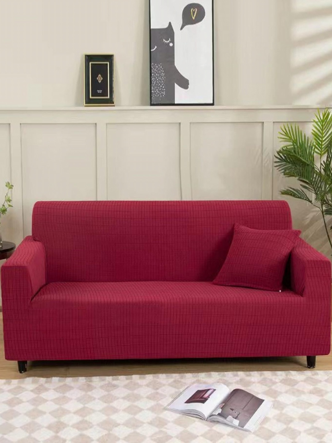 

Lukzer Red Printed Jacquard 5 Piece Sofa Cover With Cushion Covers