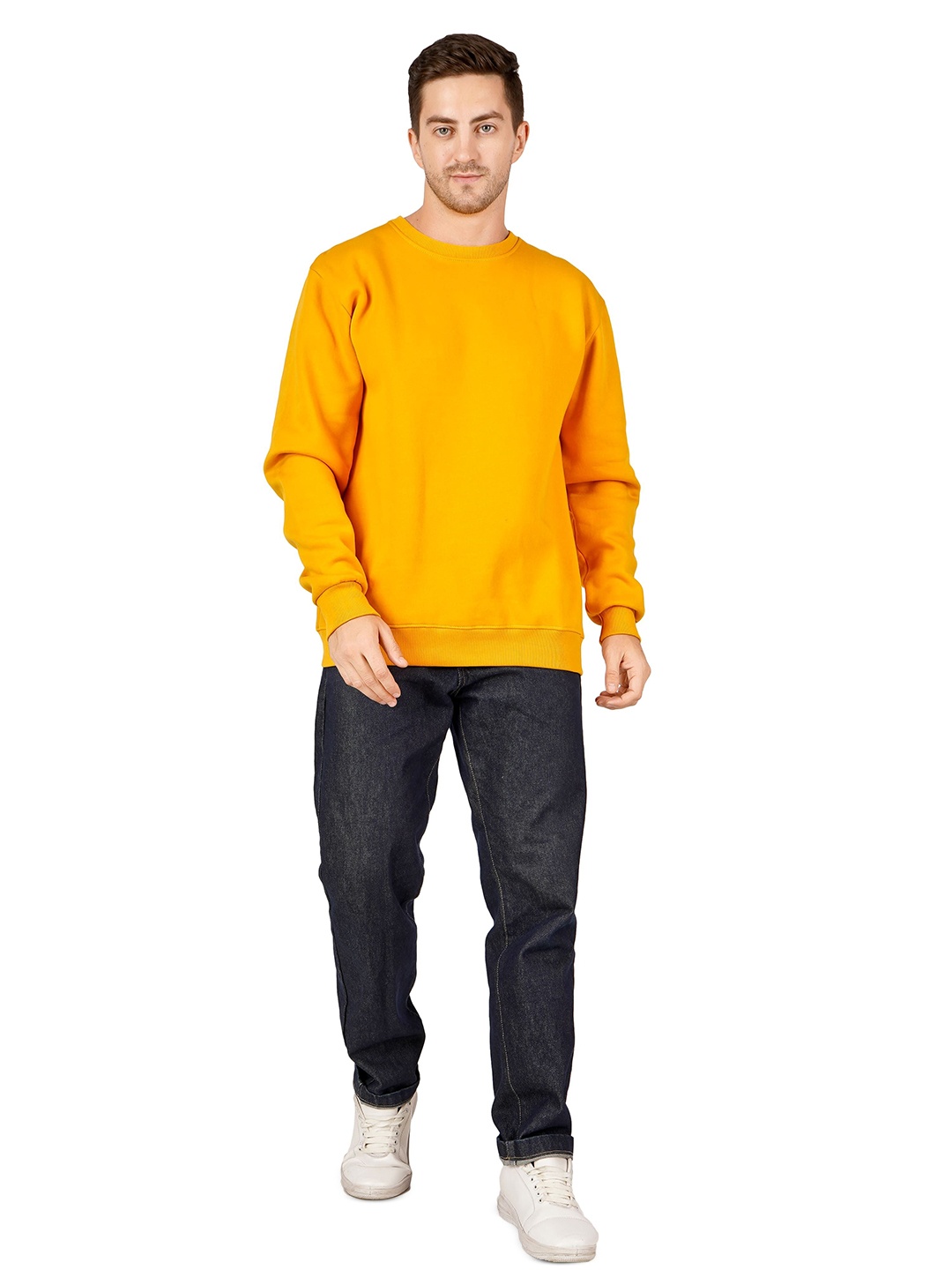 

MIMID Men Solid Round Neck Cotton Pullover Ribbed Sweatshirt, Mustard