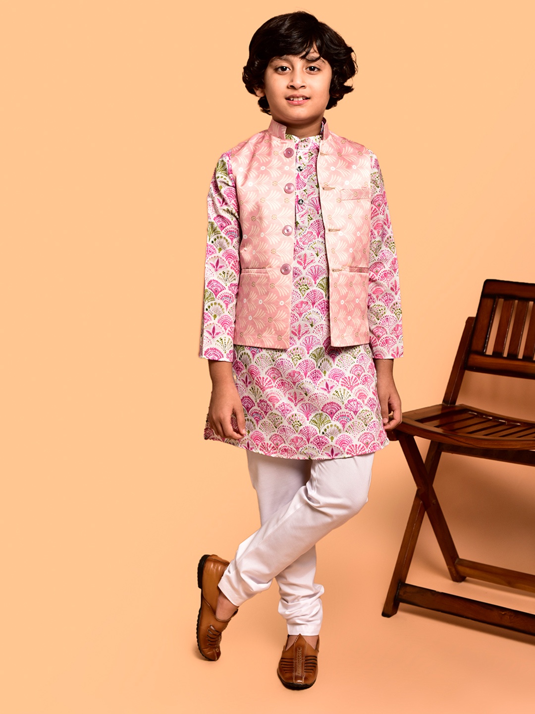 

PRINTCULTR Boys Floral Printed Mandarin Collar Straight Kurta with Churidar & Nehru jacket, Pink