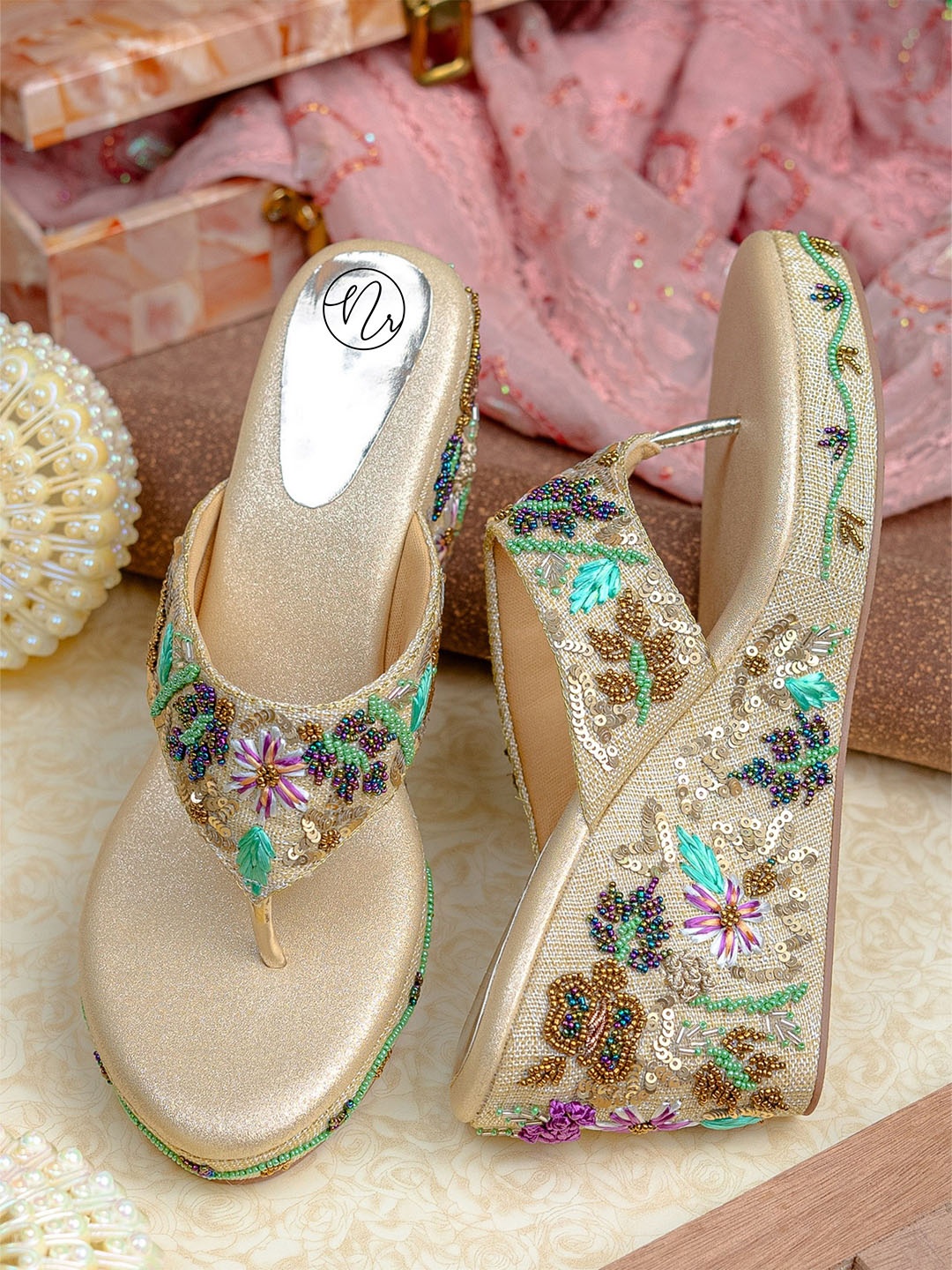 

NR By Nidhi Rathi Women Embellished Ethnic Wedge Sandals, Beige