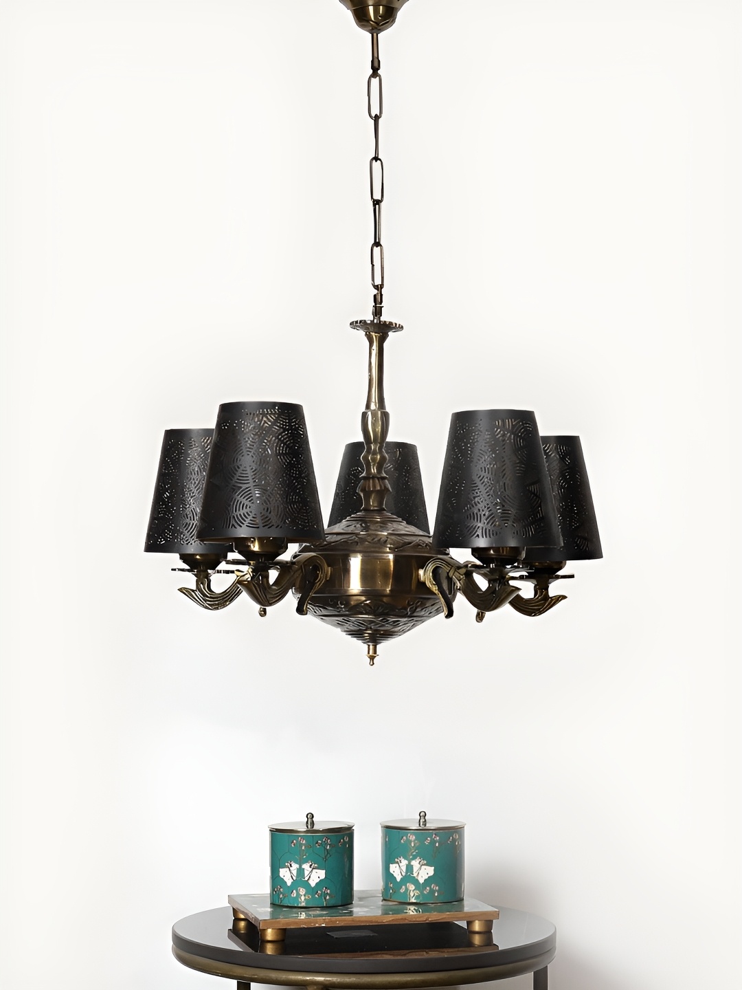 

Devansh Black Printed Metal Etched shade with Antique Golden Chandelier Ceiling Lamp