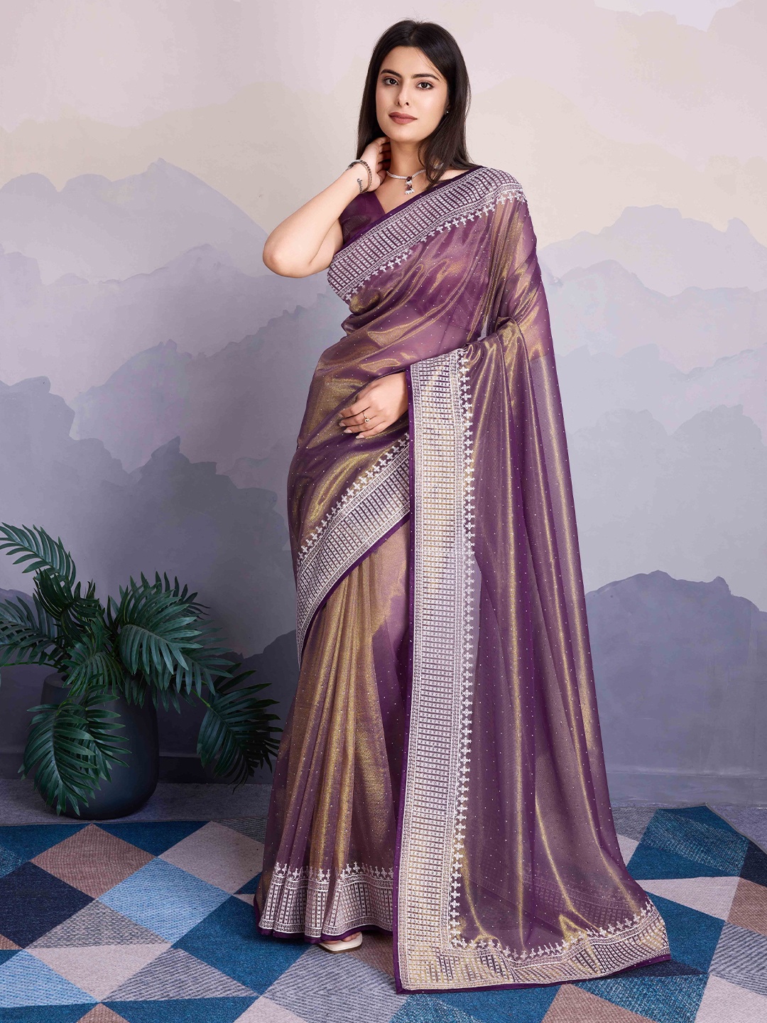 

KIMISHA Embellished Beads and Stones Saree, Purple