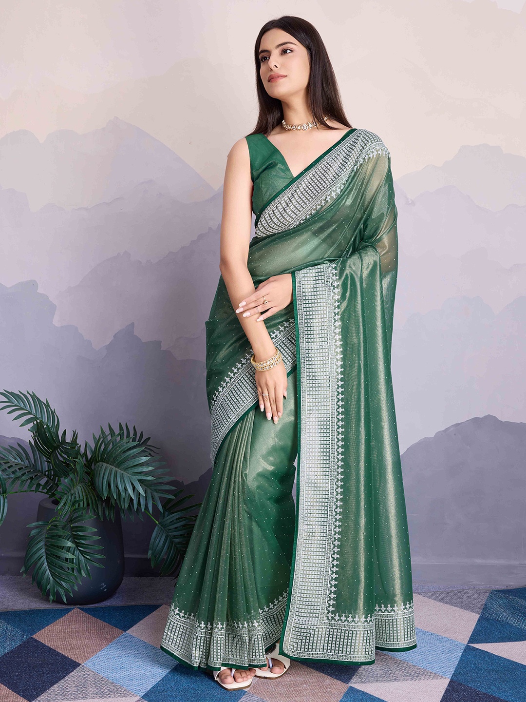 

KIMISHA Embellished Beads and Stones Net Saree, Green