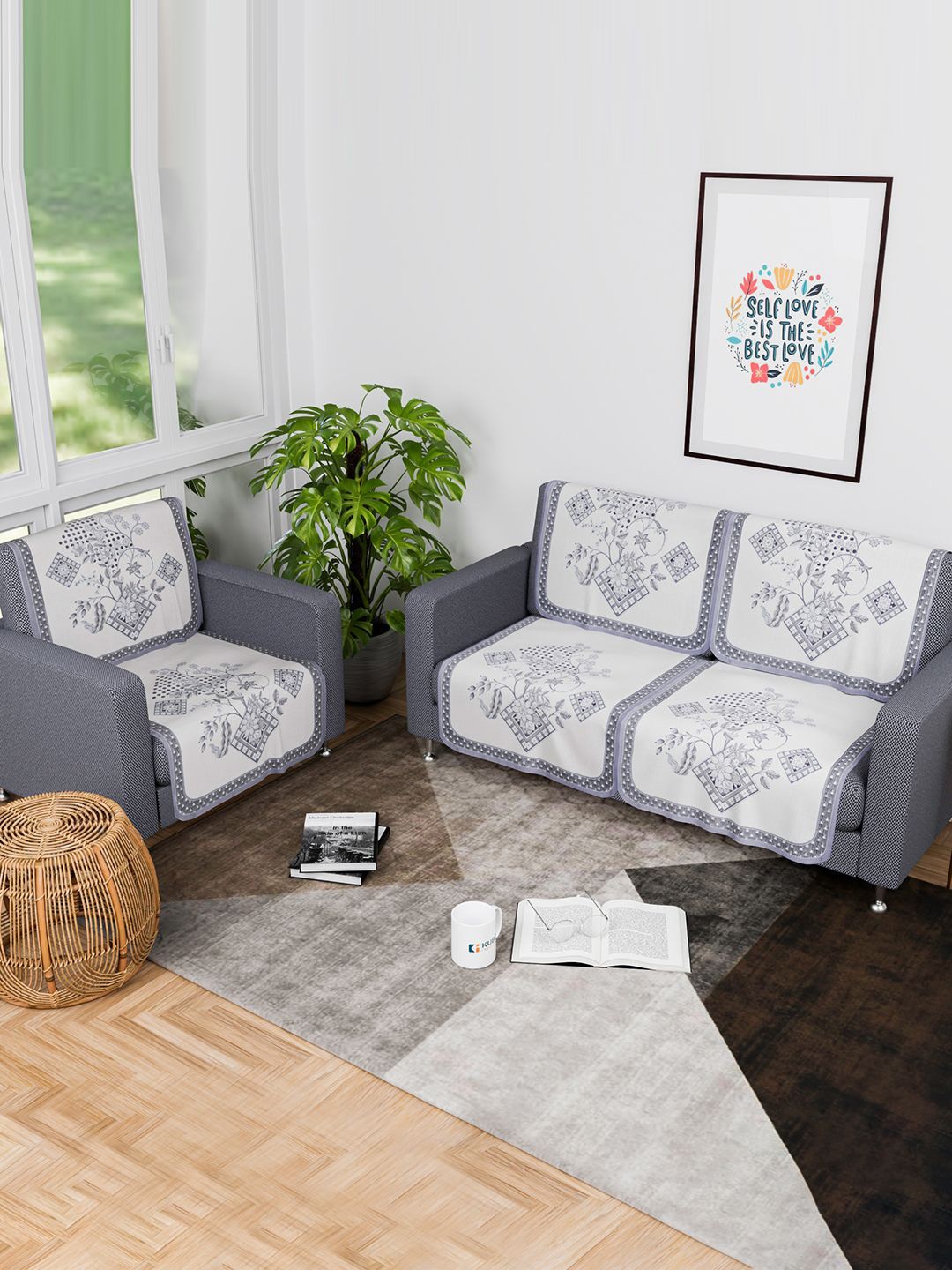 

Kuber Industries White & Grey 6 Pieces 3 Seater Printed Cotton Sofa Cover