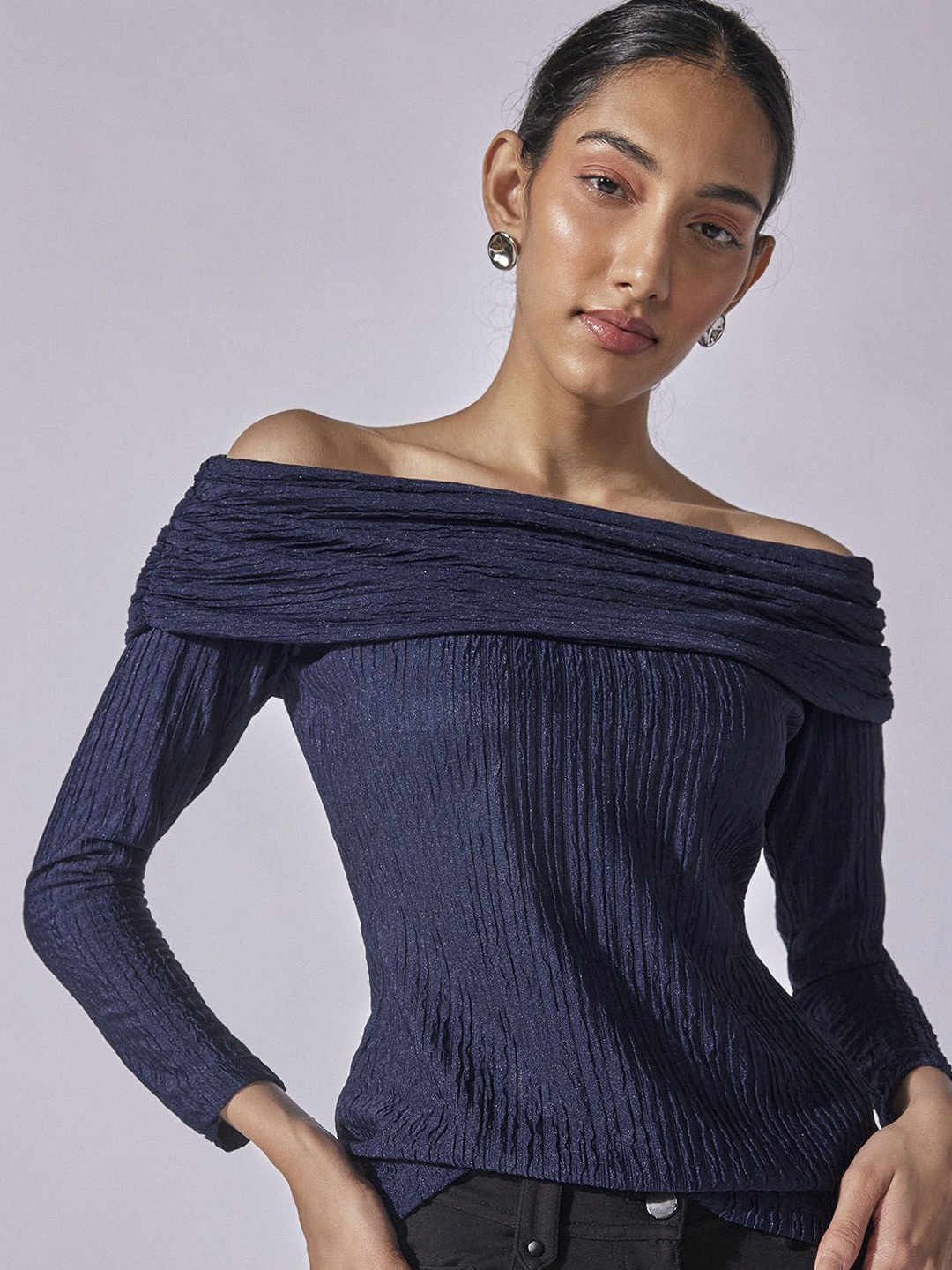 

The Label Life Striped Bardot Crop Top, Navy blue