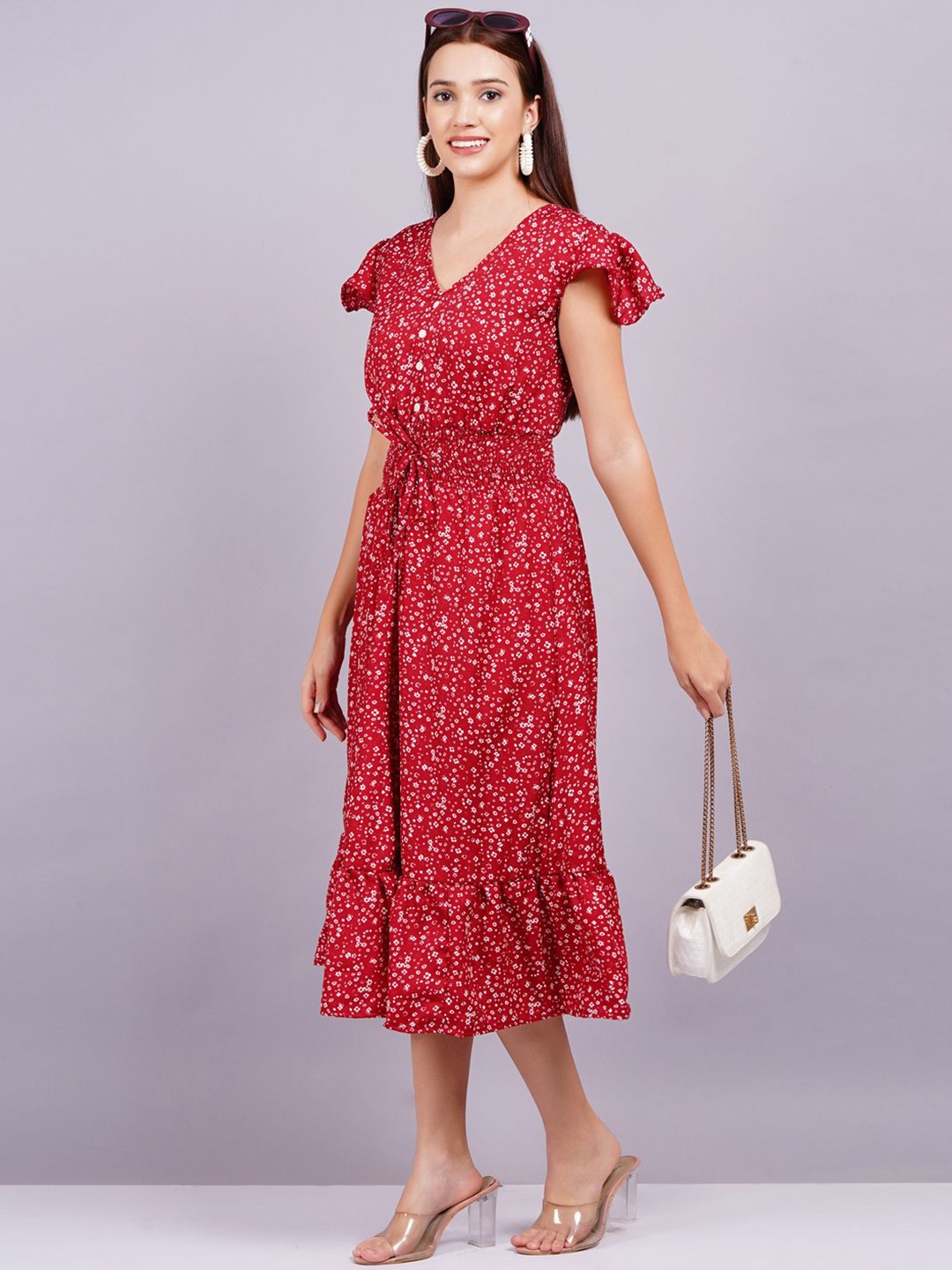 

JC4U womens Floral Print Crepe Fit & Flare Midi Dress, Red