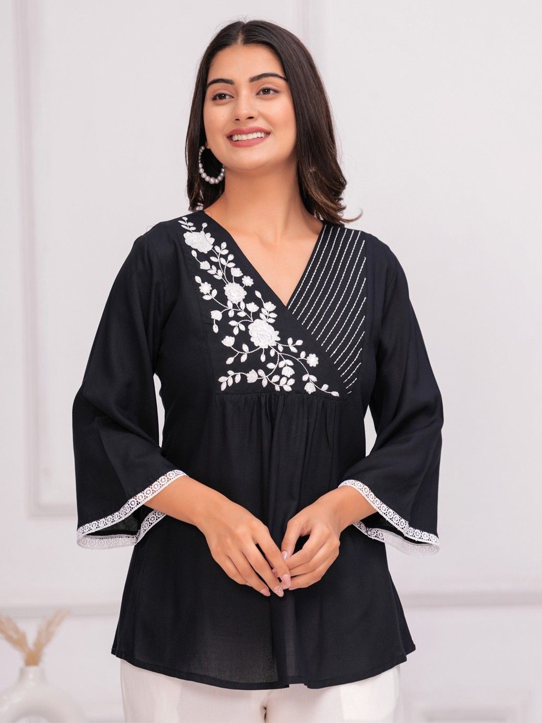 

KANIKA CREATION Ethnic Motifs Embroidered Empire Top, Black